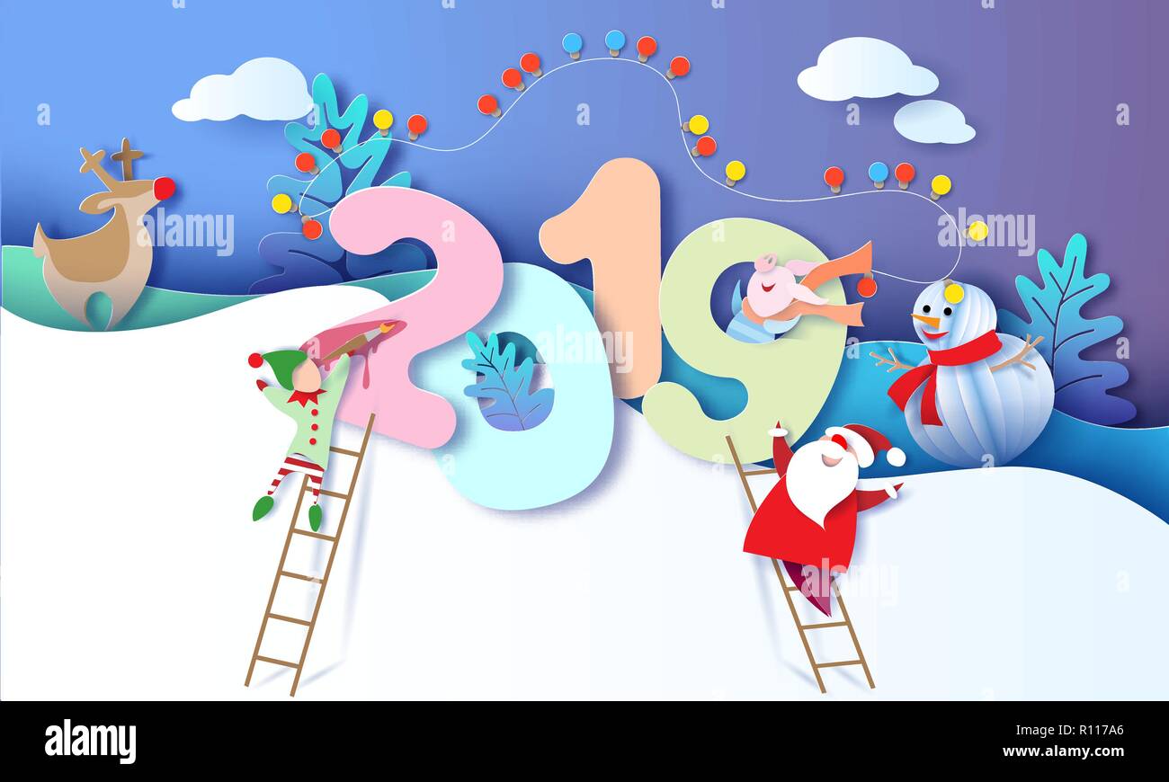 2019 Neues Jahr design Karte mit Santa Claus, Schneemann, Rentiere und elf auf und blauer Himmel. Vector Illustration. Papier geschnitten und Handwerk Stil. Stock Vektor