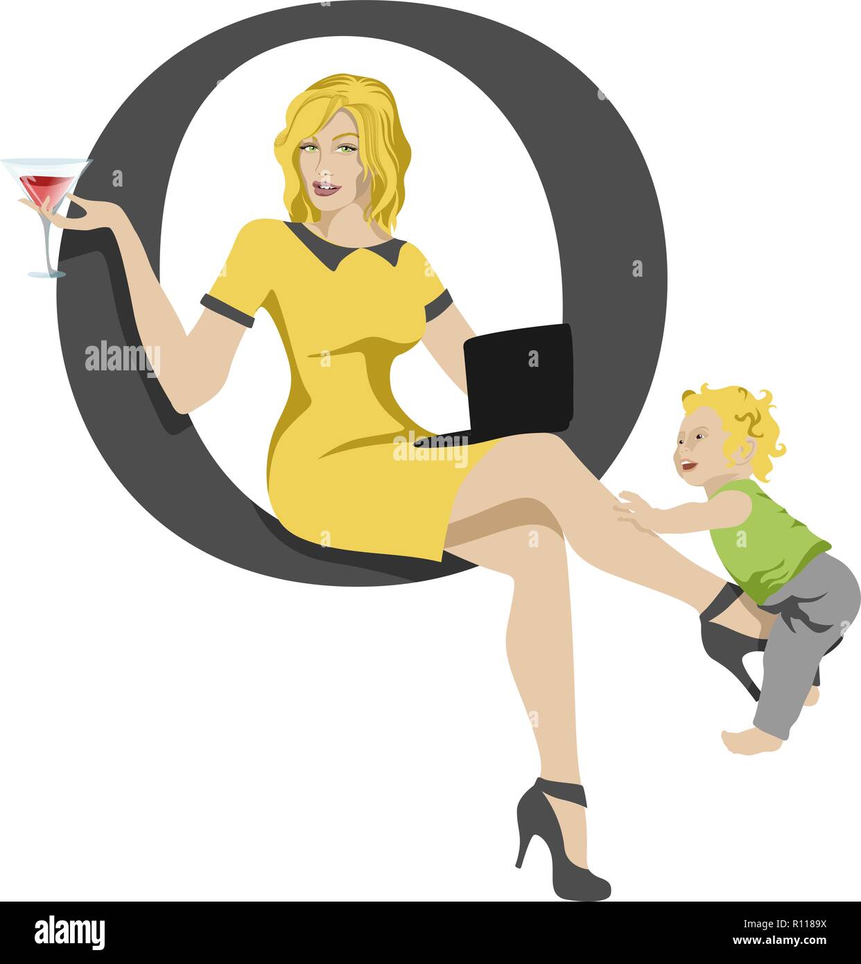 Berufstätige Mutter im gelben Kleid mit Baby- und Laptop. Vector Illustration. Stock Vektor