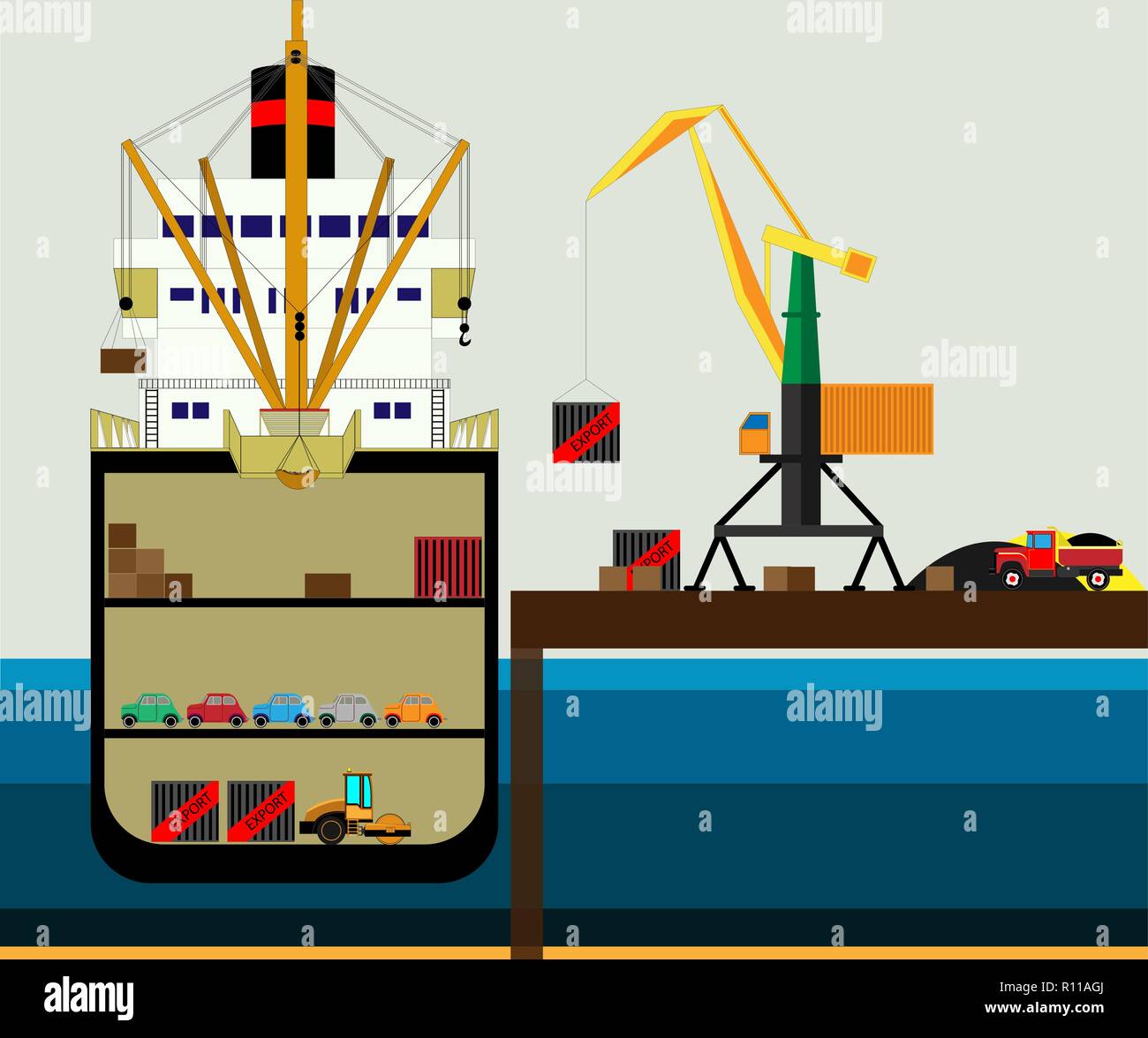 Cargo Logistik Lkw und Transport Containerschiff mit Kran import export Transport Industrie. illustration Vektor Stock Vektor