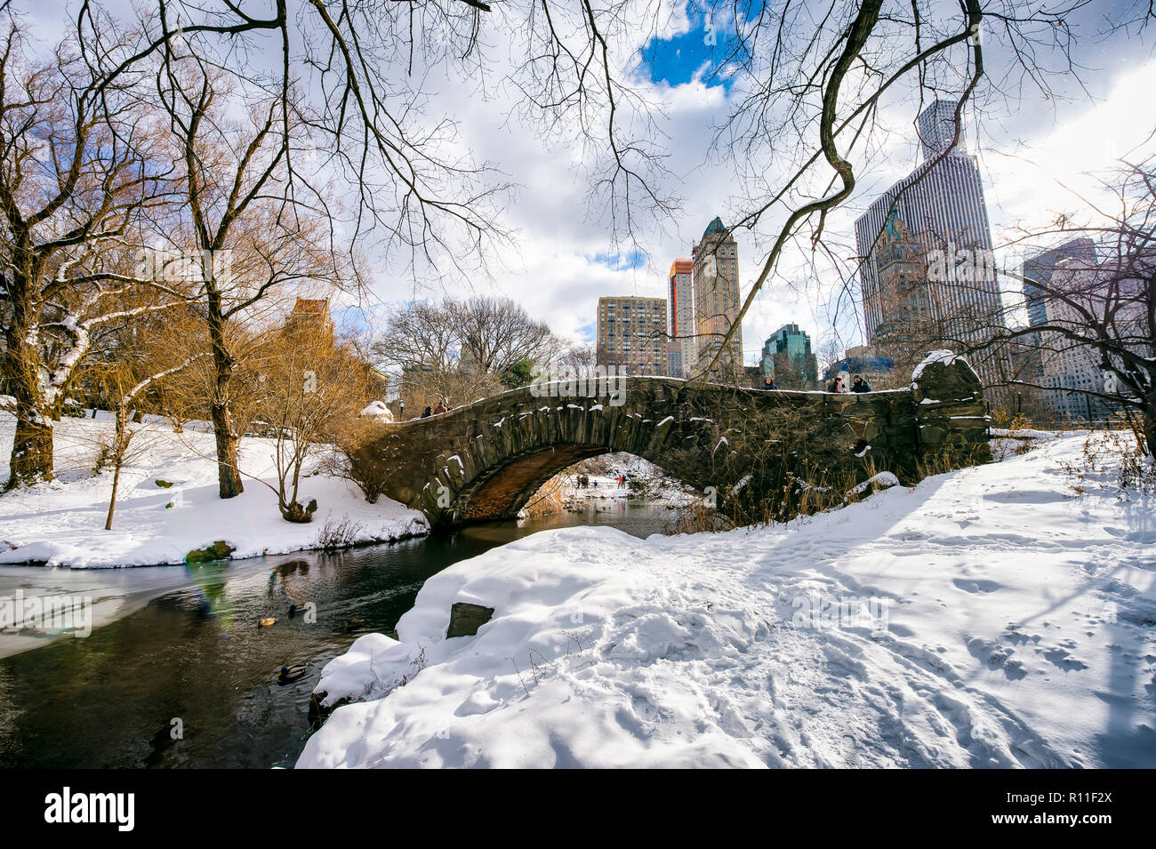 Snowy Winter Blick auf die malerische Stein Gapstow Brücke im Central Park nach einem Blizzard in New York City, USA Stockfoto