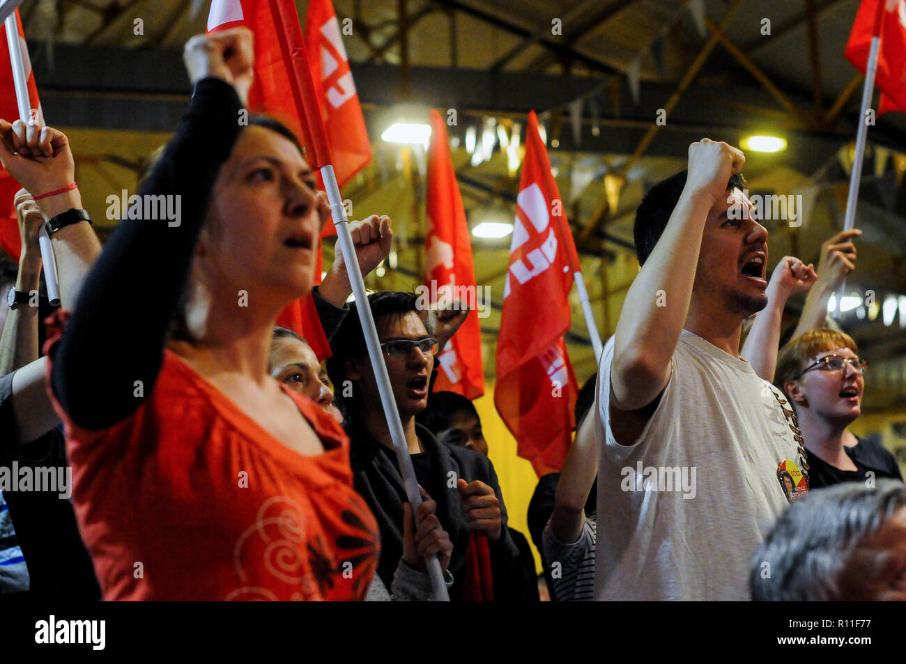 Nathalie Arhaud, Führer der Linken Partei Lutte Ouvriere - Kampf der Arbeiterklasse Partei - Kampagnen für die Präsidentschaftswahlen, Venissieux, Frankreich Stockfoto