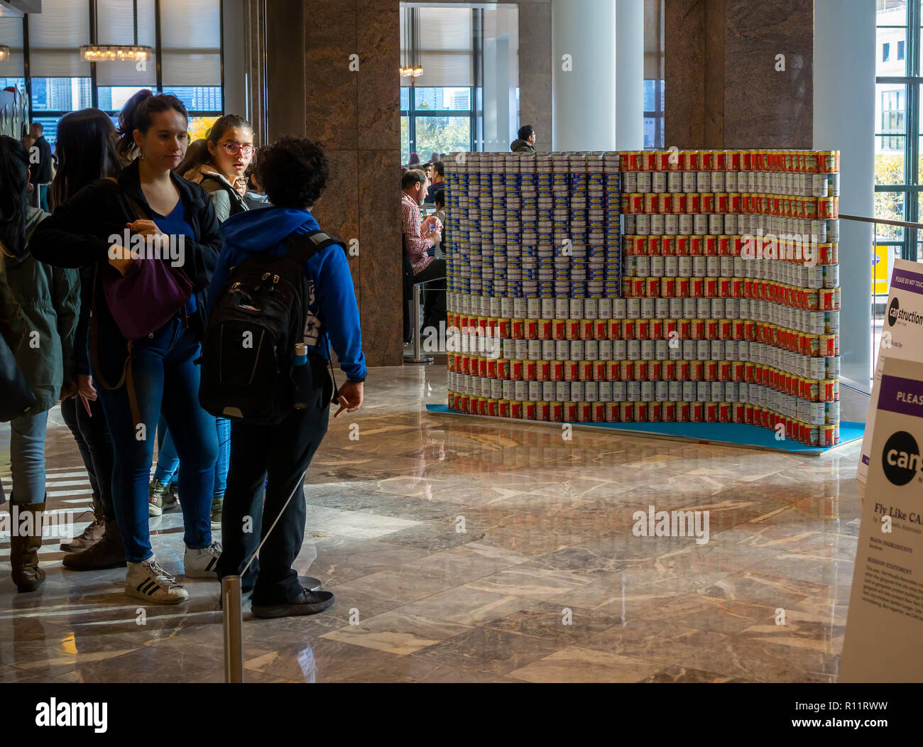 Unser Stolz und Freude durch BluEdge in der 26. jährlichen Canstruction Design Wettbewerb in New York, am Samstag gesehen, 3. November 2018, in Brookfield Platz in New York. Architektur- und Designbüro teilnehmen zu entwerfen und zu riesigen Strukturen aus Dosen Nahrung aufbauen. Die Dosen werden in die Stadt Ernte am Ende der Ausstellung gespendet. Über 100.000 Dosen Nahrung werden gesammelt und benutzt, um die Bedürftigen bei 500 Suppenküchen und Nahrungsmittelpantries zu füttern. (© Richard B. Levine) Stockfoto