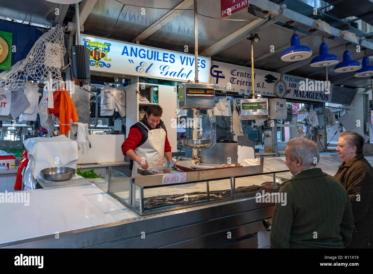 Kunden kaufen live Aale in der Mercado Central de Valencia, Valencia Jugendstil Architektur, Valencia, Spanien, Abschaltdruck Stockfoto