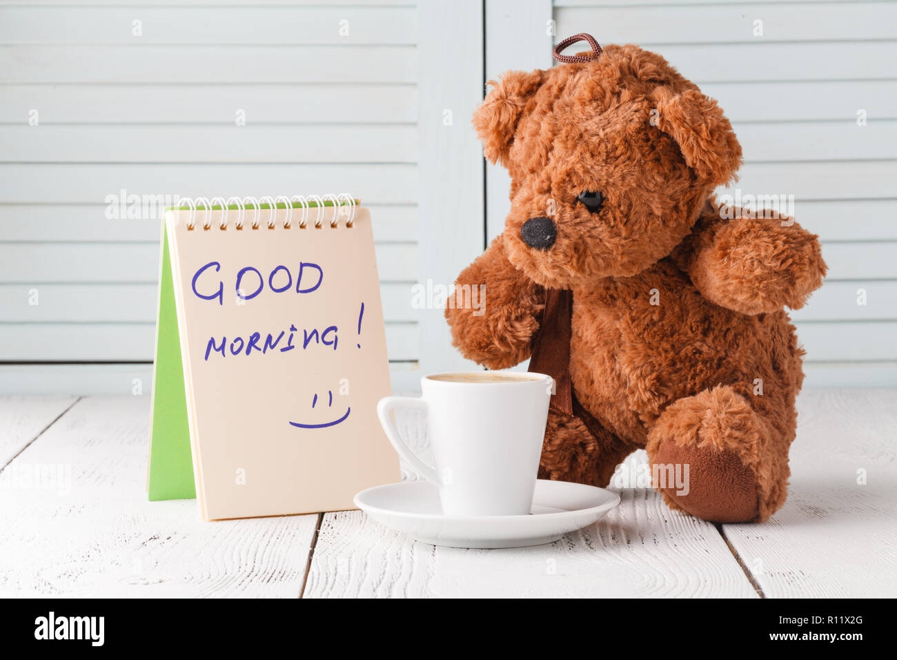 Guten Morgen mit Teddybär Stockfoto