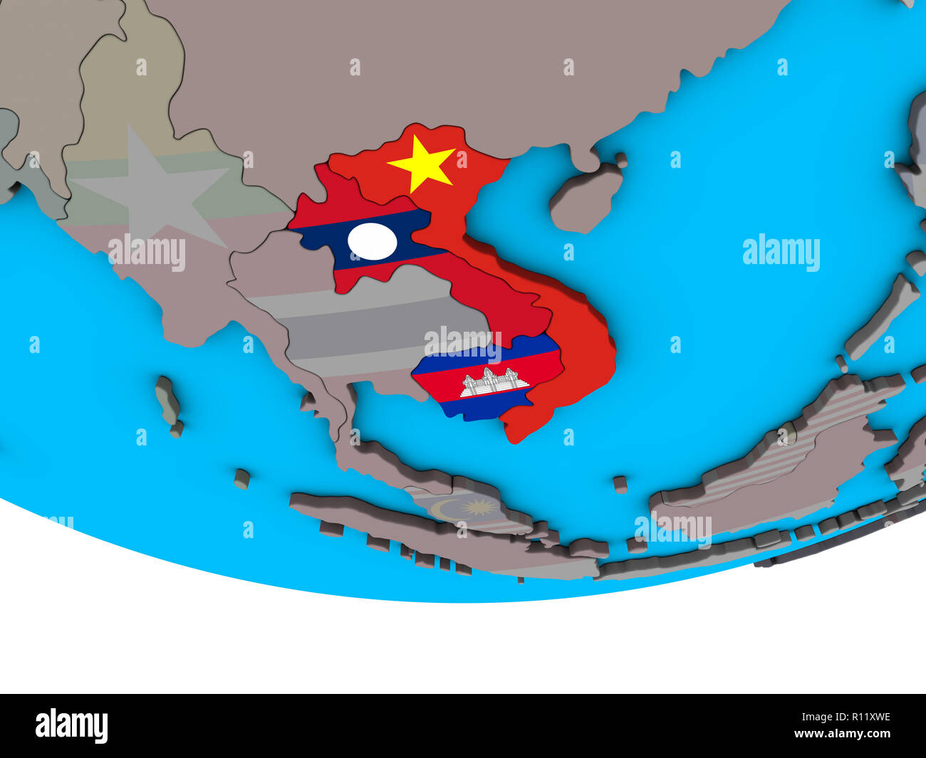 Indochina mit integrierten nationalen Flaggen auf einfache politische 3D-Globus. 3D-Darstellung. Stockfoto
