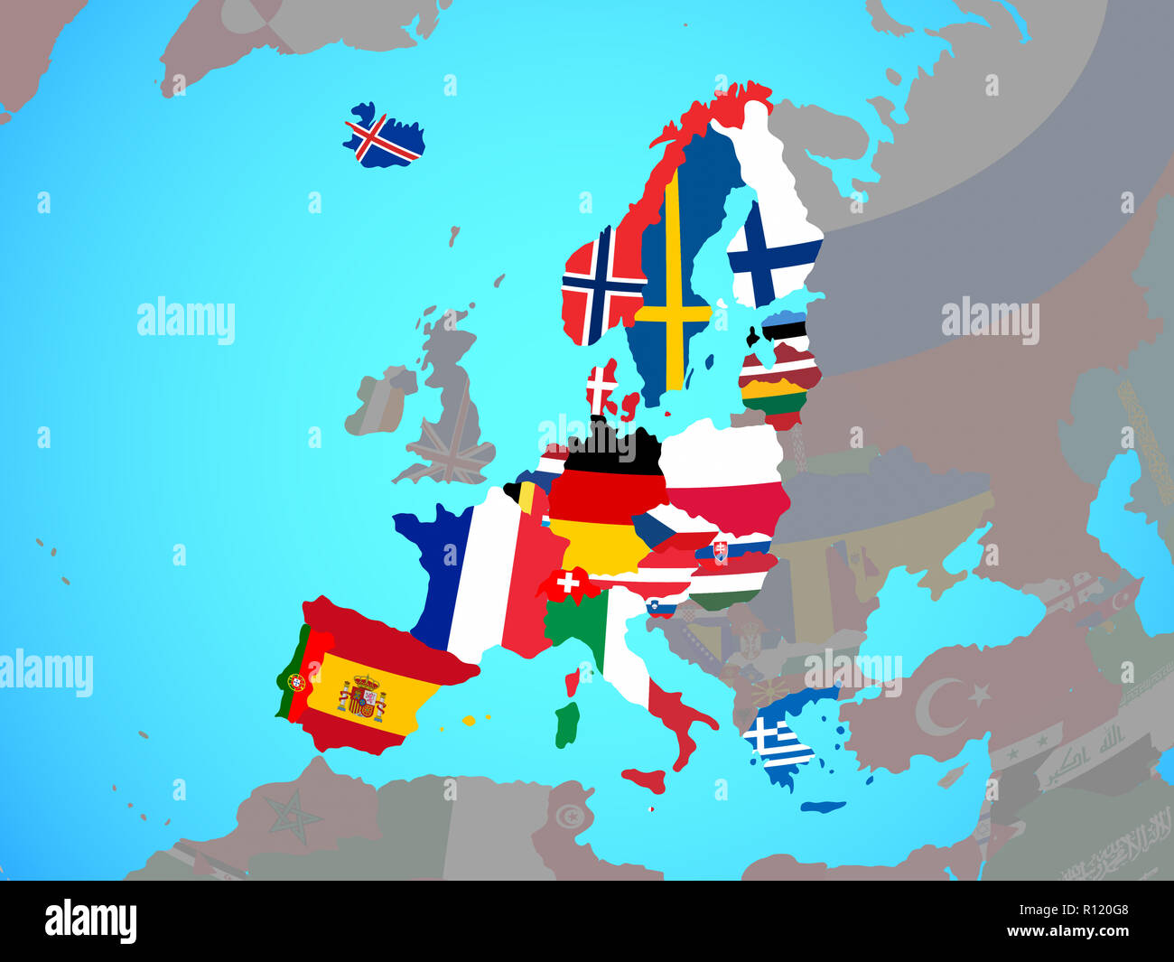 Schengen-raum Abgeordneten mit nationalen Flaggen auf Blau politische Welt. 3D-Darstellung. Stockfoto