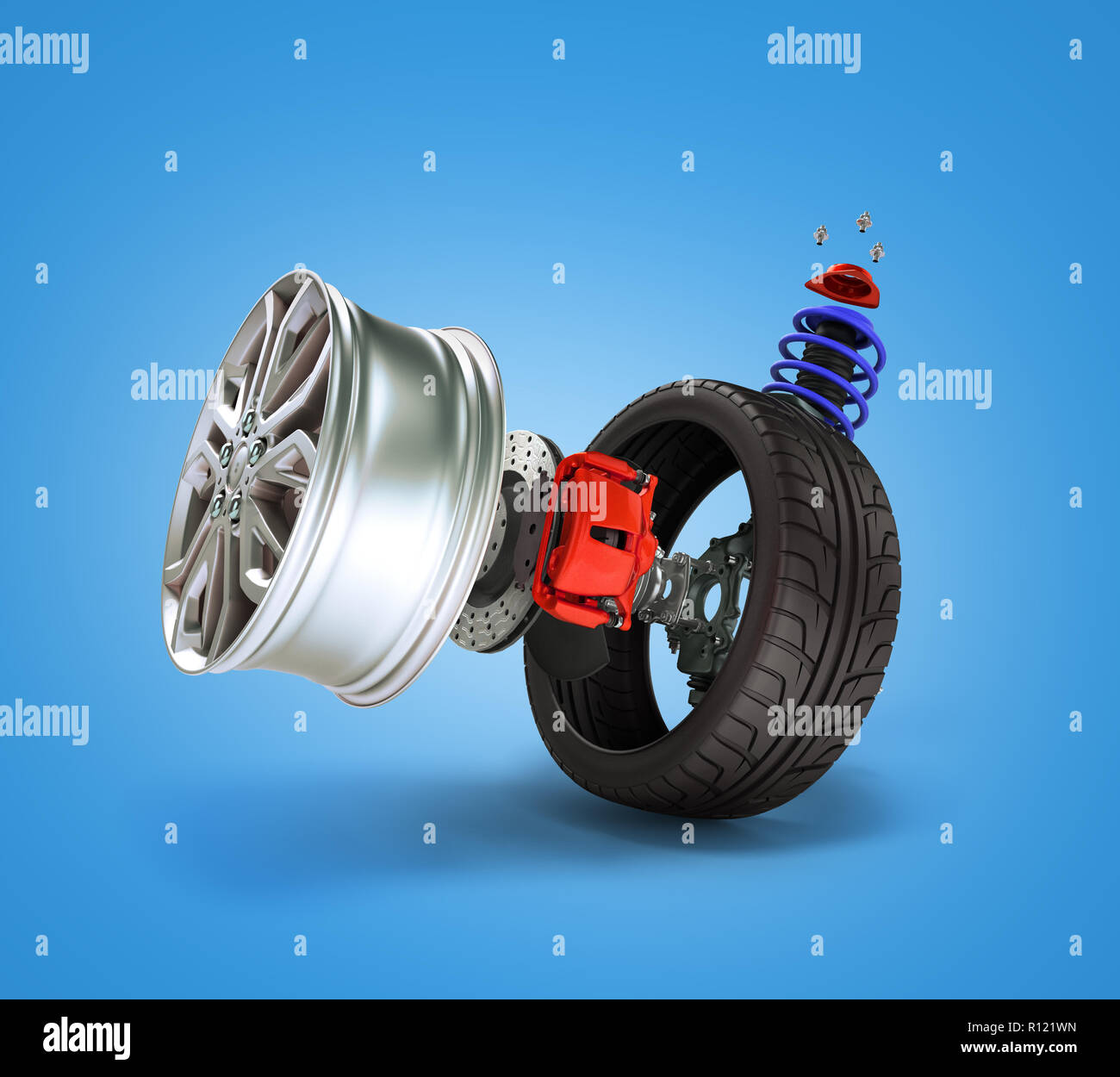 Konzept der Reifen Service. Räder, Felgen, Bremsscheiben und Bremsbeläge. Auto Teile. Auf weissem Hintergrund hochauflösende 3D-Render isoliert. Stockfoto