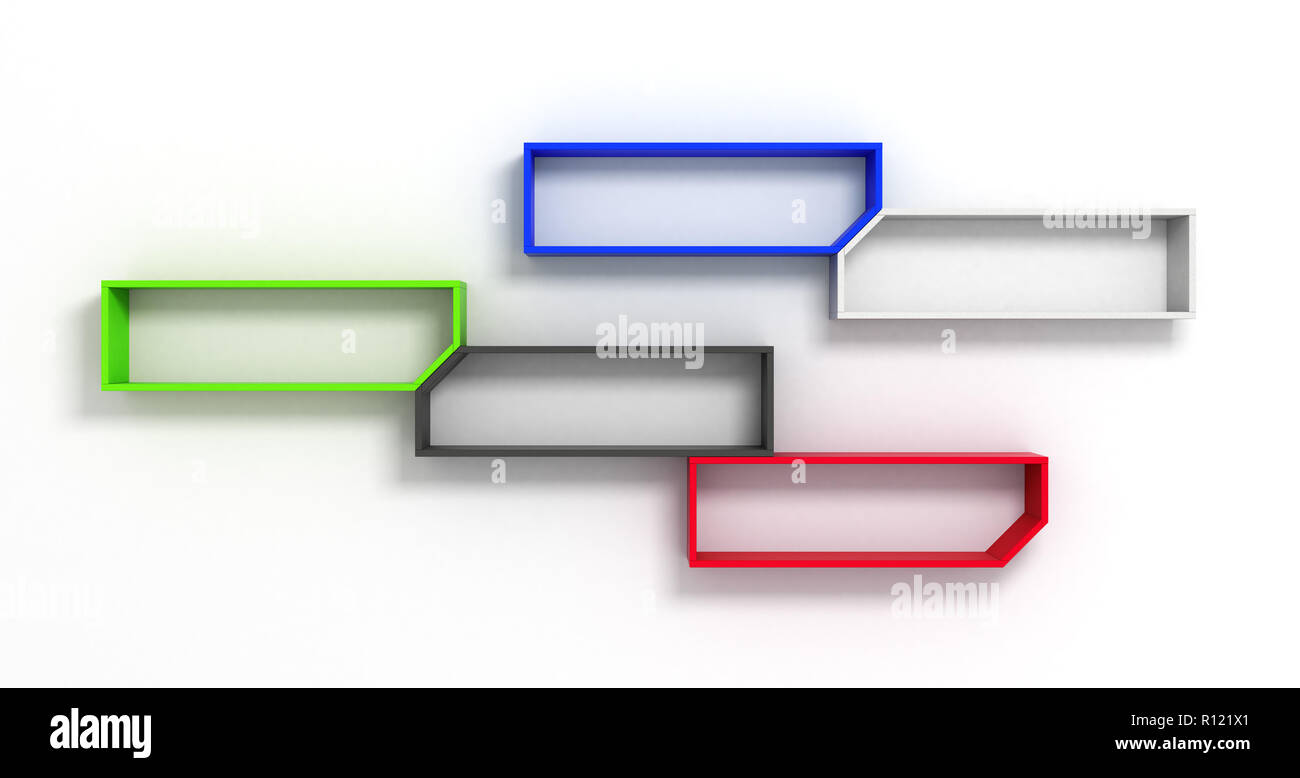 Bunte Regale auf weiße Wand 3D-Rendering Stockfoto