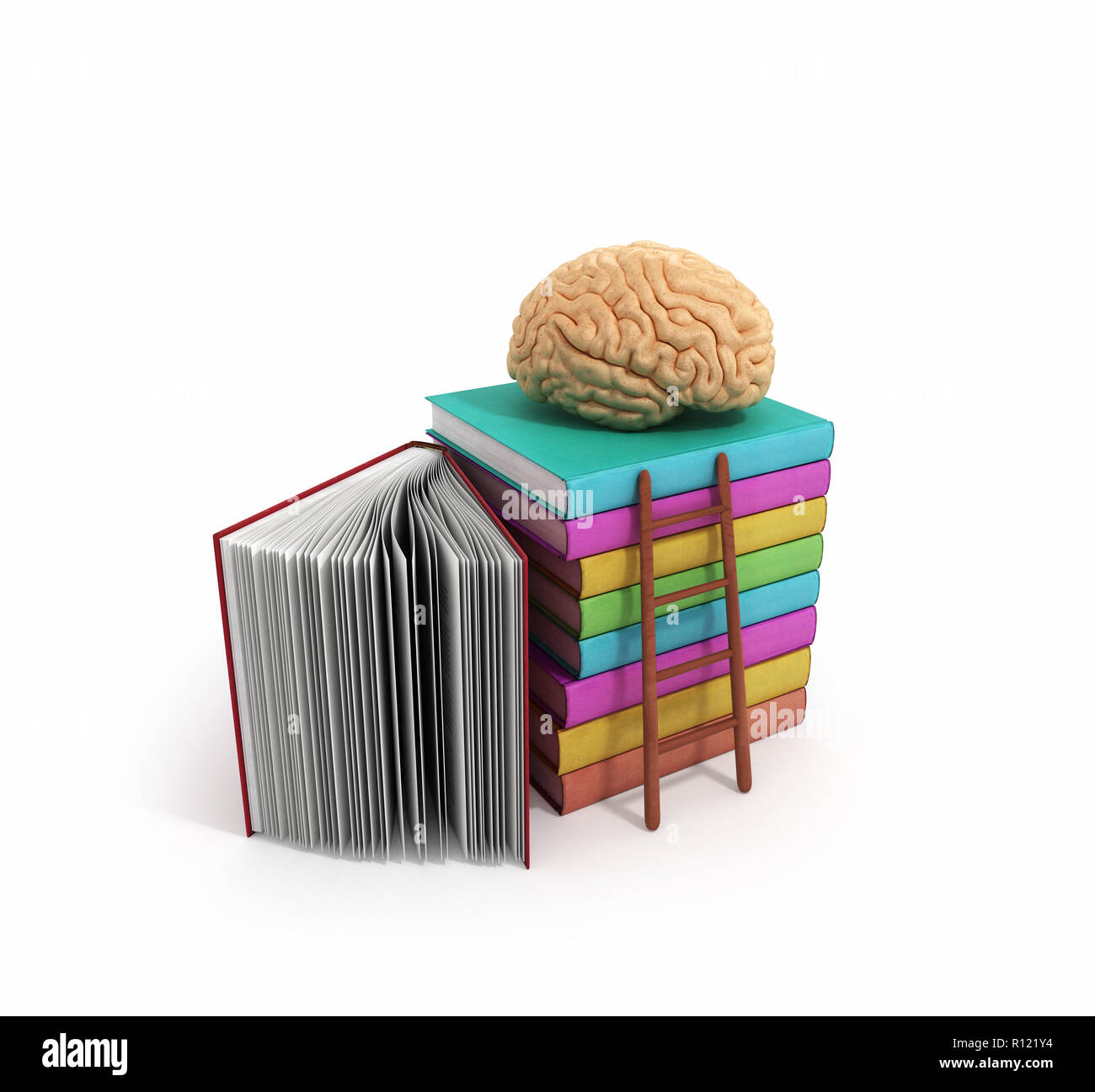 Brain Training Konzept liegt auf einem Stapel Bücher und eine Holztreppe neben Ihnen 3D-Render auf weißem Hintergrund Stockfoto