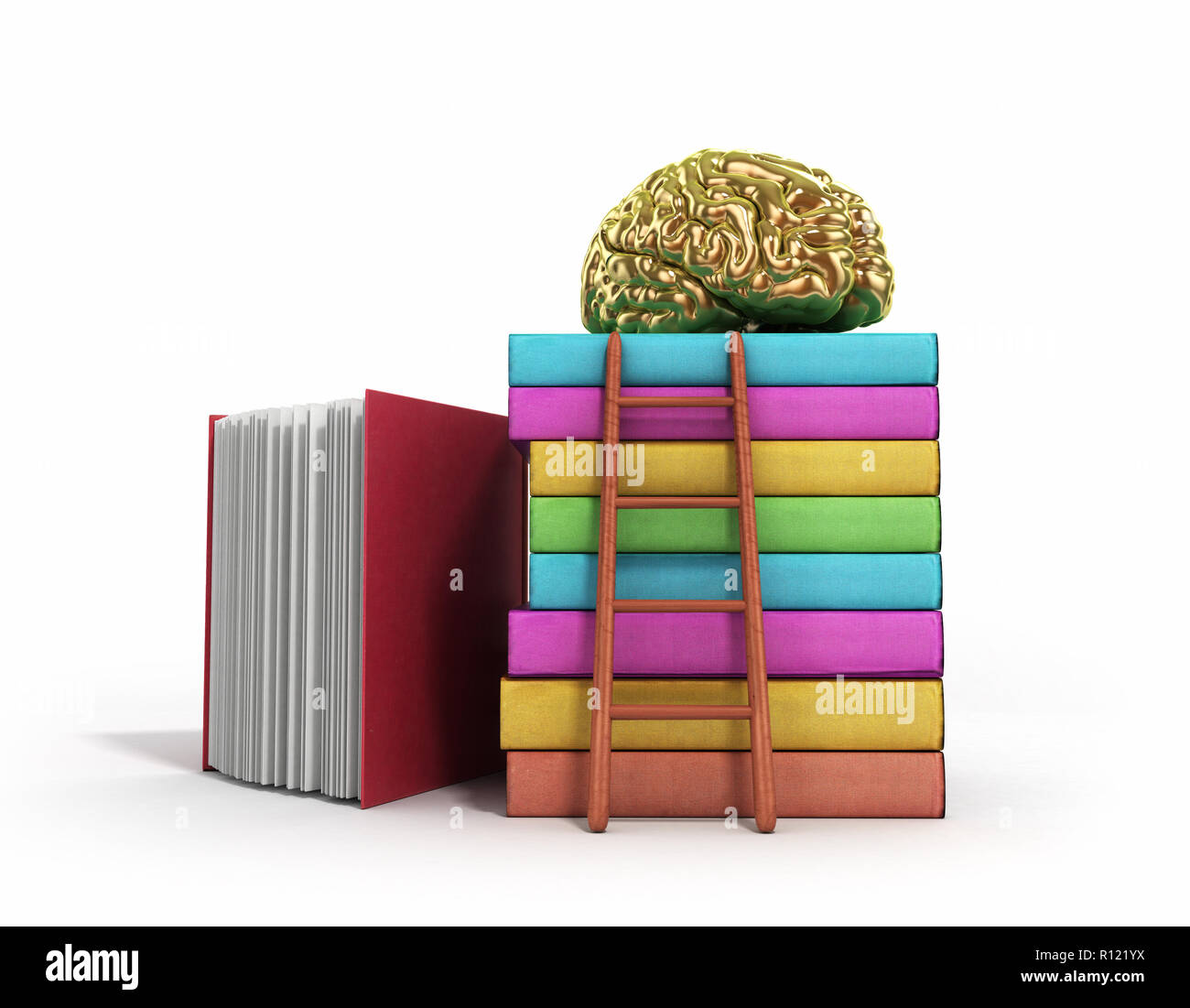 Gold Brain Training Konzept liegt auf einem Stapel Bücher und eine Holztreppe neben Ihnen 3D-Render auf weißem Hintergrund Stockfoto