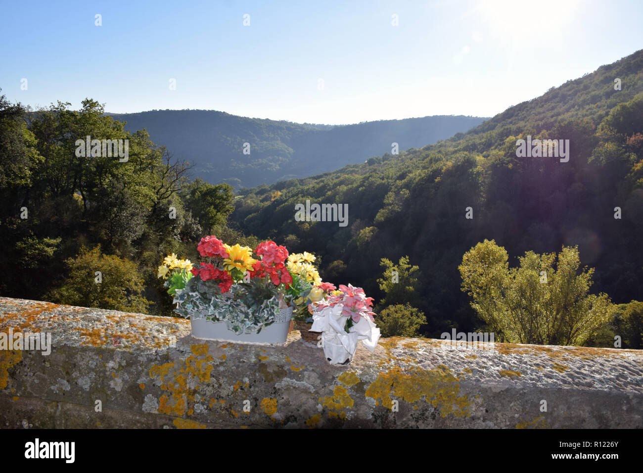 Ort Selbstmord aus eine hohe Brücke, Haut-Herault Regionalen Naturpark, Languedoc, Südfrankreich. Stockfoto