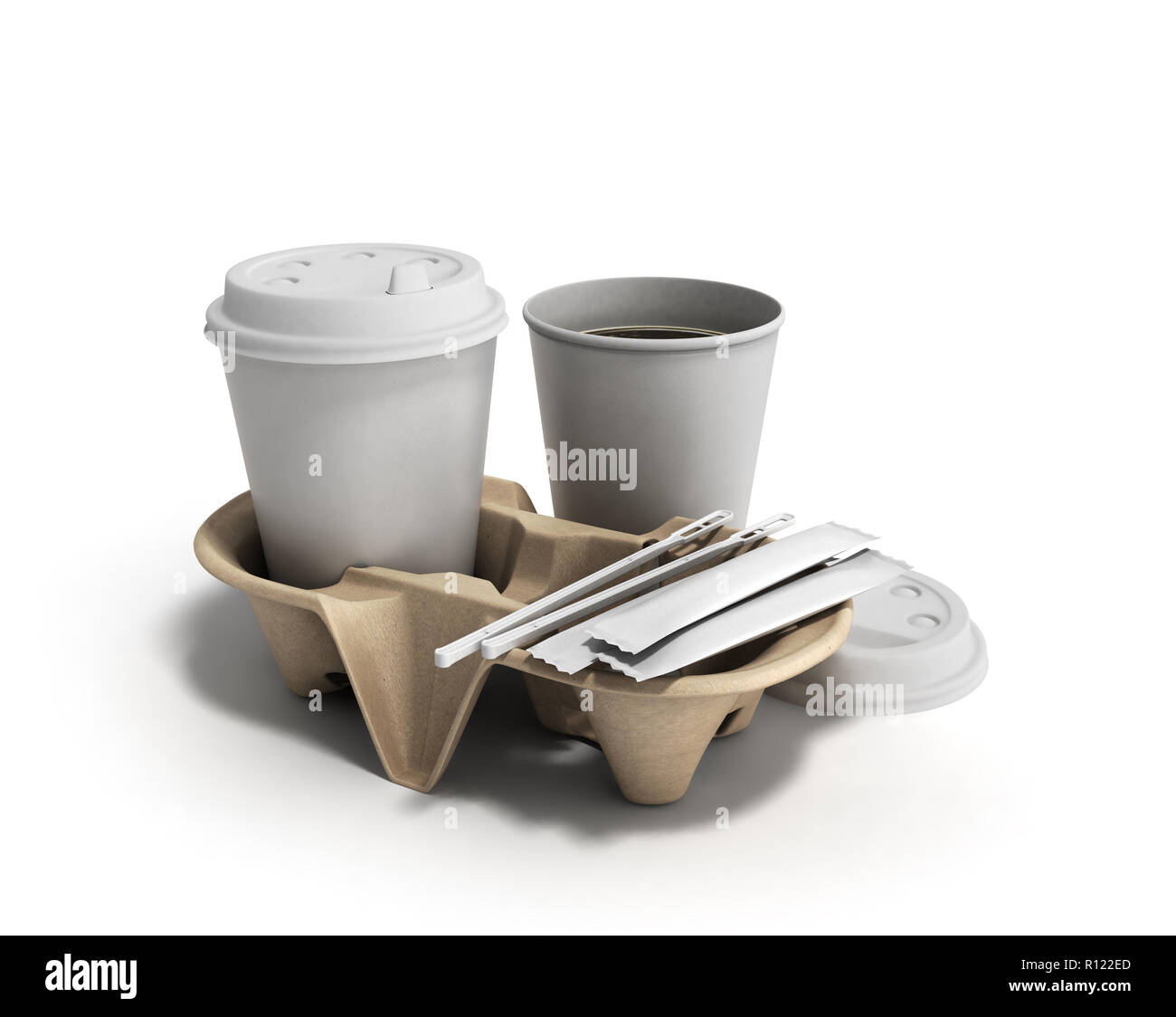 Tasse Kaffee auf einem Karton mit Zucker und Stöcke für das Rühren 3D-Render auf Weiß Stockfoto