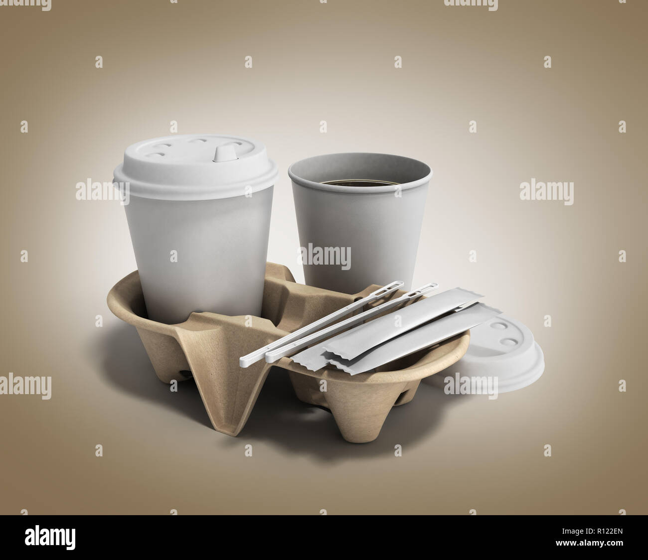Tasse Kaffee auf einem Karton mit Zucker und Stöcke für das Rühren 3D-Render auf Farbübergang Stockfoto