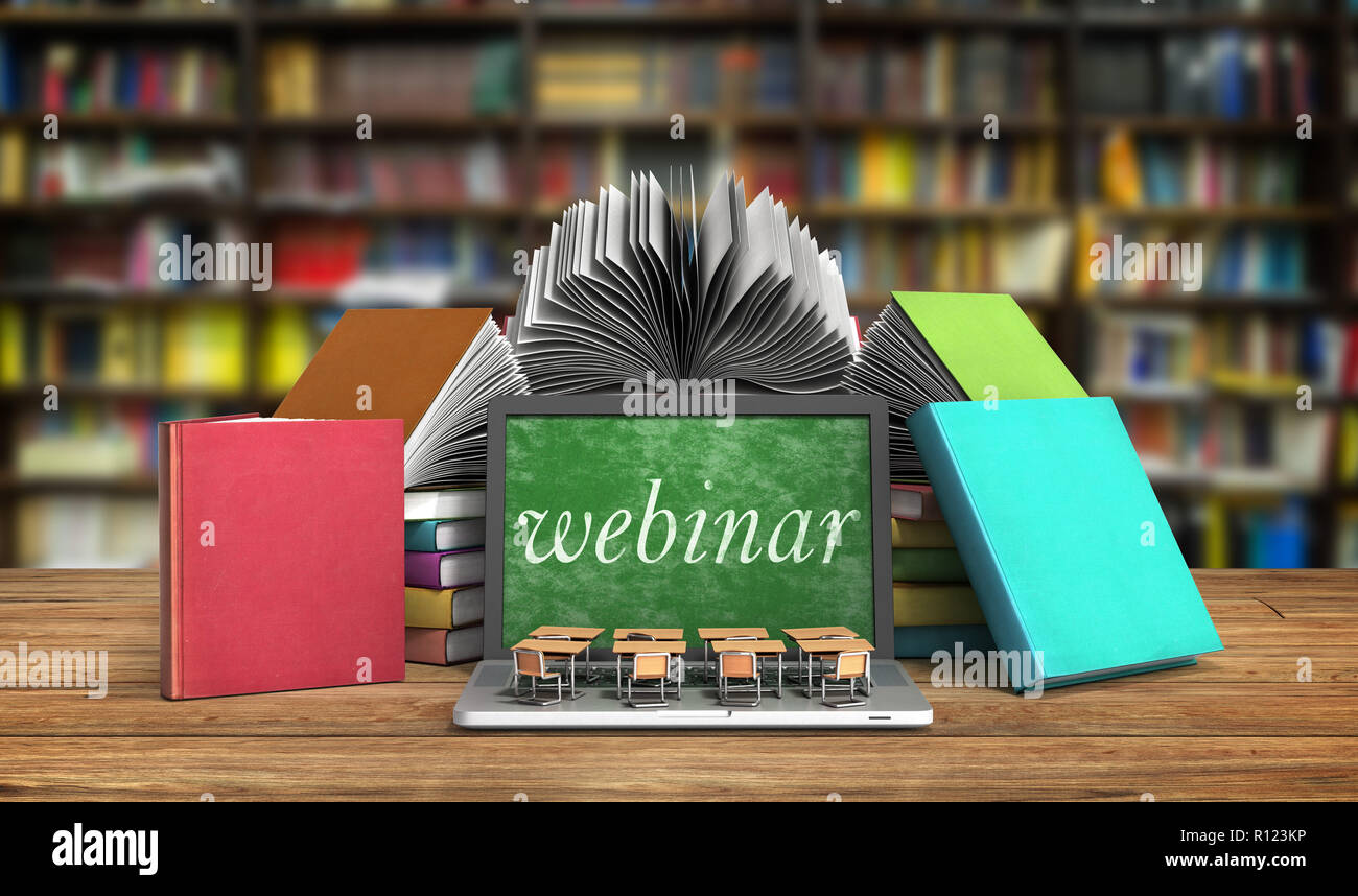 Begriff des Wissens Schule Business Office arbeiten und elektronische Medien Konzept Laptop oder Notebook mit einem Stapel Bücher 3D-Render in Bibliothek Stockfoto
