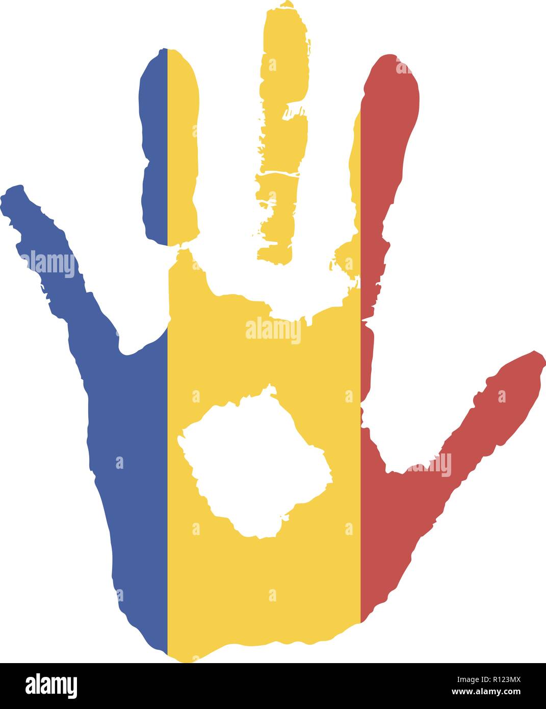 Blau, gelb, rot Farbe der Flagge. Vektor Handabdruck in Form der Flagge Tschad. Stock Vektor Blau, gelb, rot Farbe der Flagge. Vektor Handabdruck in Form der Flagge Tschad. Stock Vektor