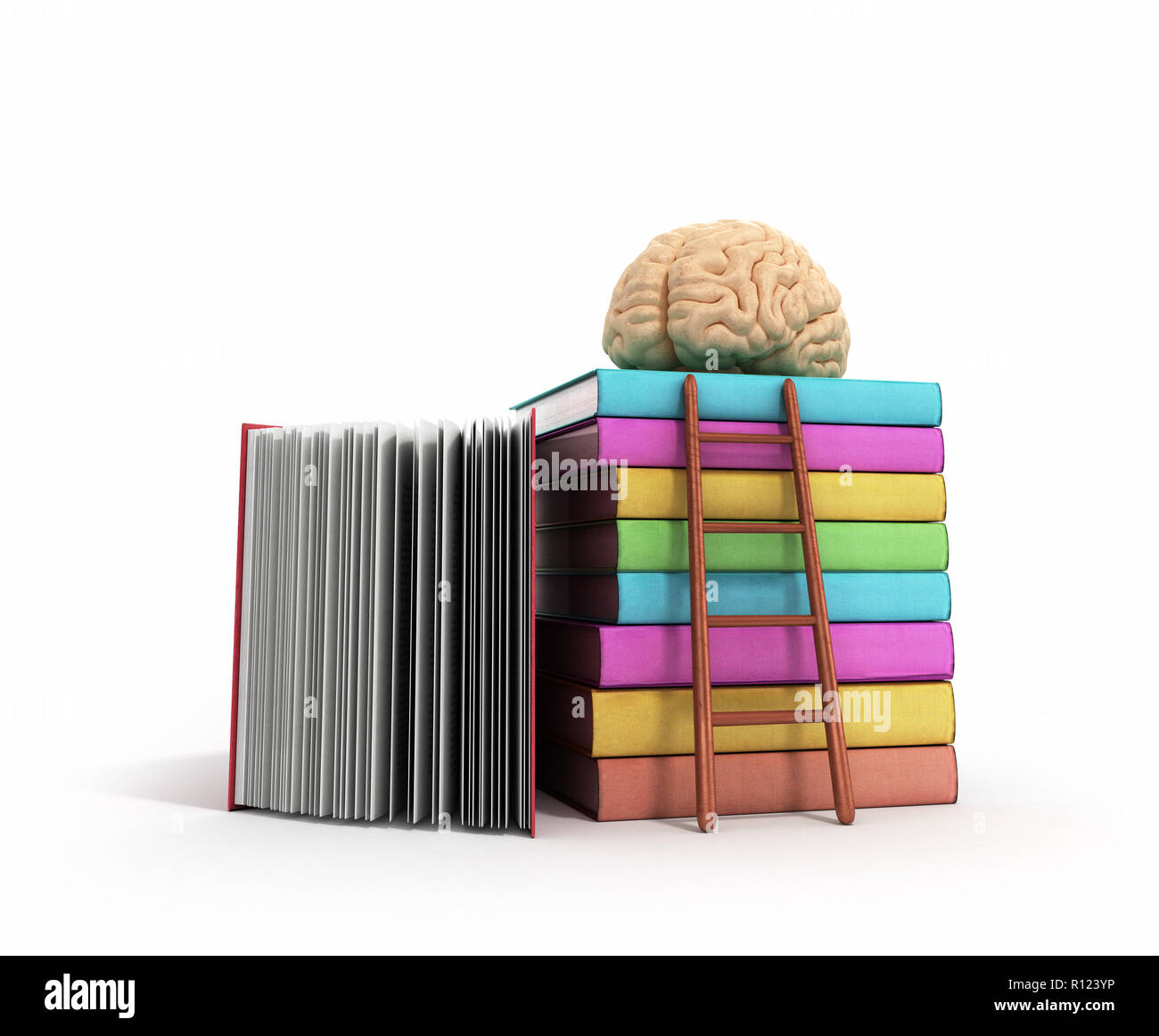 Brain Training Konzept liegt auf einem Stapel Bücher und eine Holztreppe neben Ihnen 3D-Render auf weißem Hintergrund Stockfoto