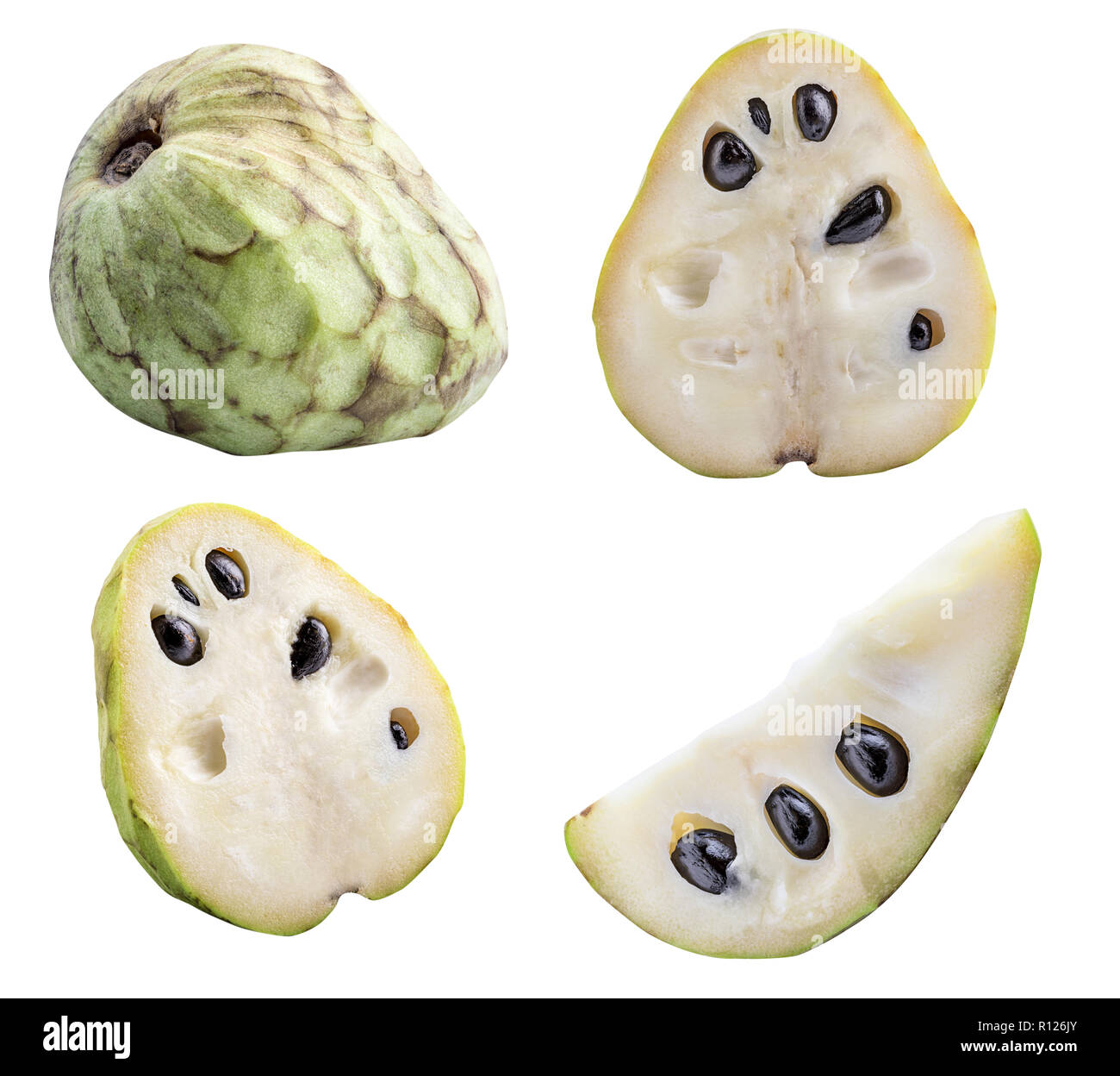 Sammlung von cherimoyas (Zucker apple) auf weißem Hintergrund mit Schatten isoliert. Freistellungspfaden. Stockfoto