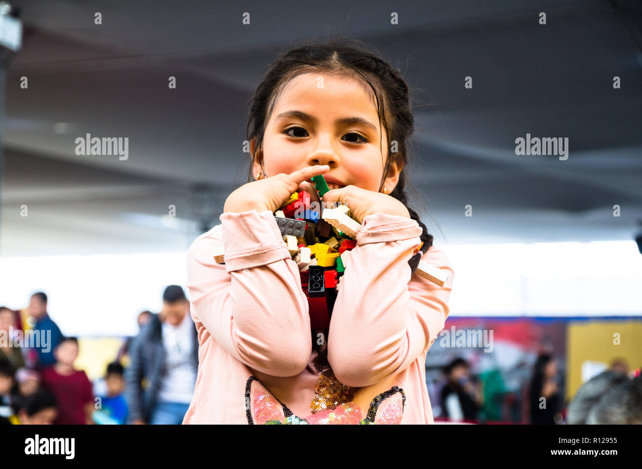 Kleines Mädchen mit Zöpfen holding Spielzeug Bausteine und lächelnd Stockfoto
