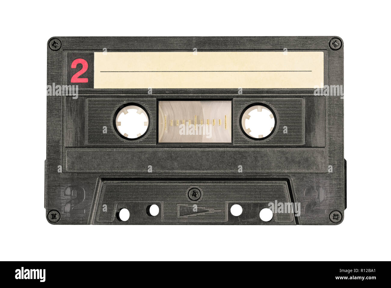 Retro schwarz Audio Cassette auf weißem Hintergrund. Seite 2. Stockfoto