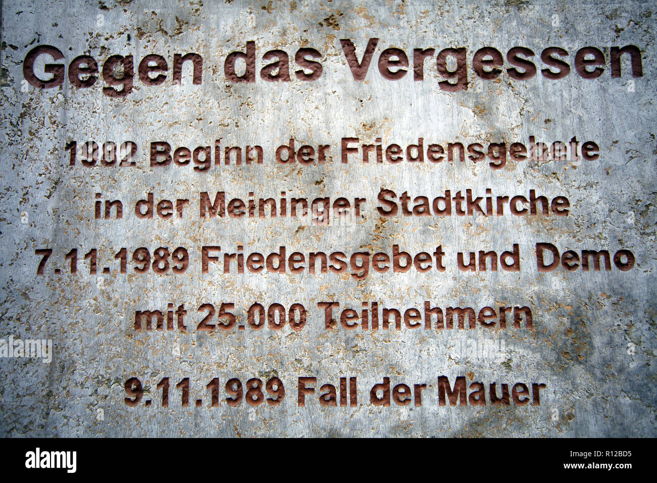 Gedenktafel an die Friedensgebete für die Wiedervereinigung in Meiningen Deutschland 27. Oktober 2018 Stockfoto