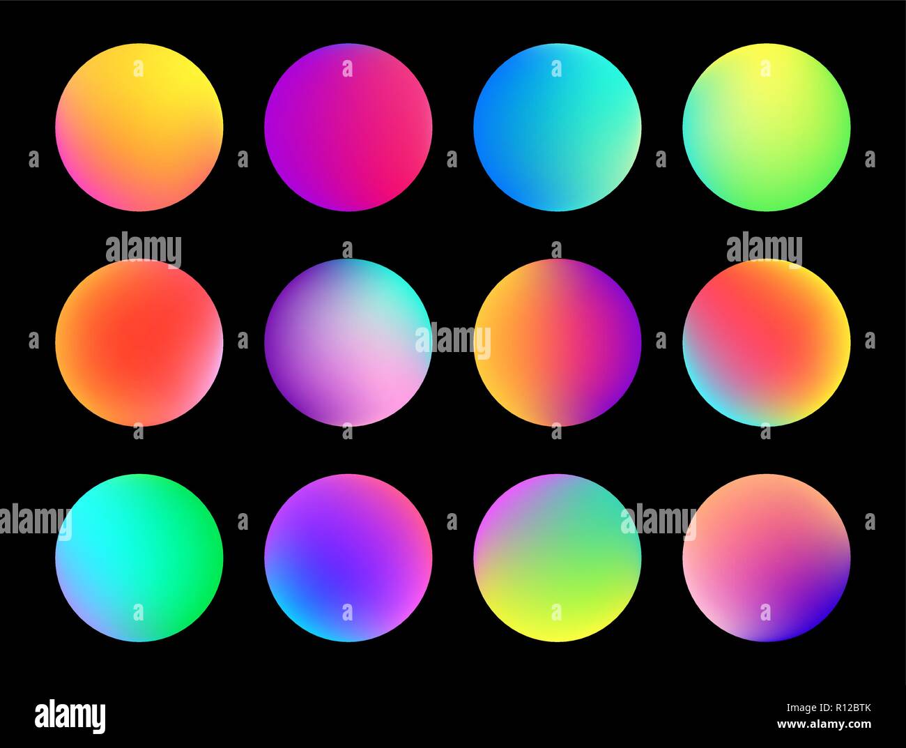 Holographische gradient Sphäre" abgerundet. Multicolor Flüssigkeit Kreis Gradienten, farbenfrohe weiche runde Tasten oder lebendige Farbe Kugeln flachbild Vektor einrichten Stock Vektor