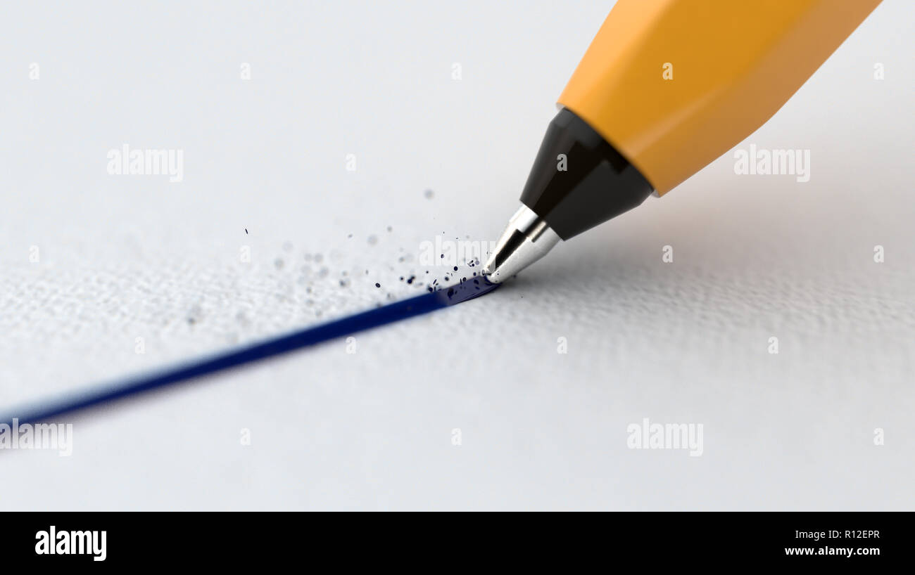 Eine Detailansicht eines normalen Kugelschreibers gerade zeichnen Tinte auf ein strukturiertes Papier Oberfläche - 3D-Rendering Stockfoto