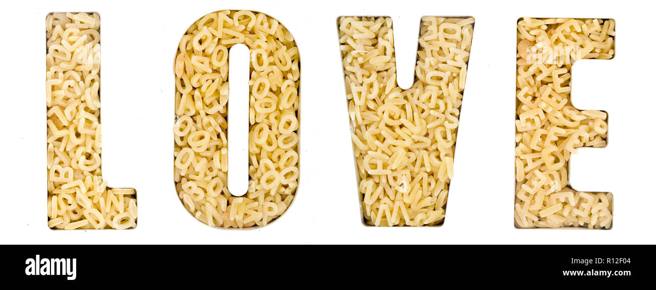 Das Wort LIEBE von Alphabet Nudeln makro Bild gemacht Stockfoto
