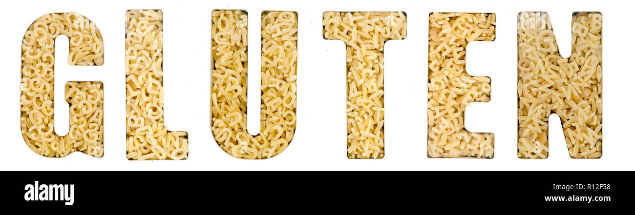 Das Wort GLUTEN von Alphabet Nudeln makro Bild gemacht Stockfoto