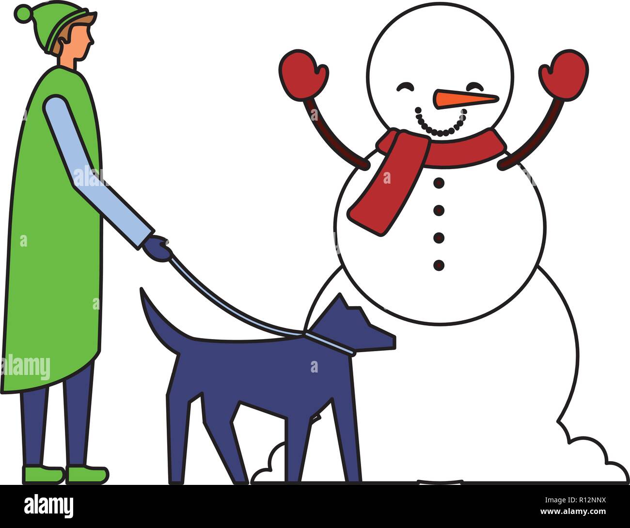 Mann mit ihrem Hund und Schneemann Vector Illustration Stock Vektor