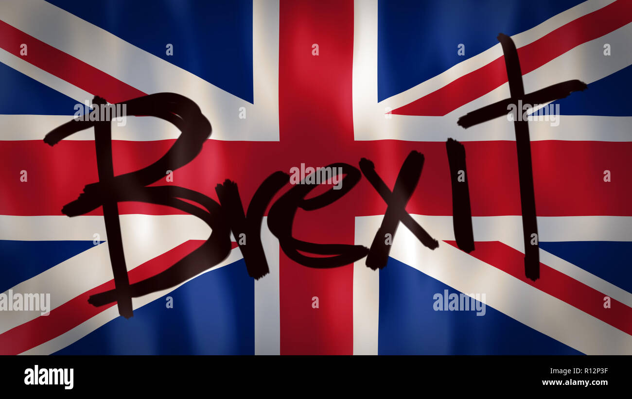 Englische Flagge mit dem Wort Brexit, ideal Filmmaterial das Konzept der Verzicht der Europäischen Union zu vertreten. Stockfoto