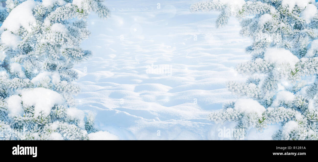 Winter Weihnachten malerische Landschaft auf dem frostigen sonniger Tag mit Tannen mit weißen Schnee in der Nähe abgedeckt und Schneeverwehungen. Schneebedeckten Kulisse im Wald auf Natu Stockfoto