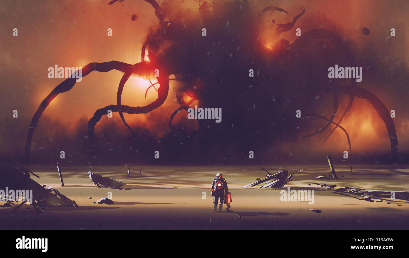 Astronaut mit einem technischen Gerät in die riesigen Monster am Horizont, digital art Stil, Illustration Malerei Stockfoto