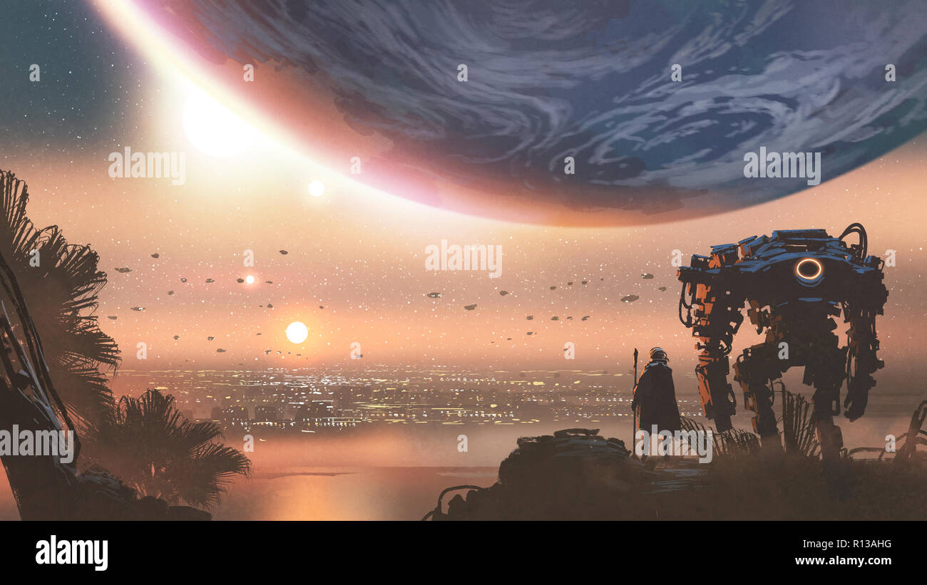 Reise Konzept, das einen Mann zeigt mit Roboter auf der Suche nach einer neuen Kolonie in der fremden Planeten, digital art Stil, Illustration Malerei Stockfoto