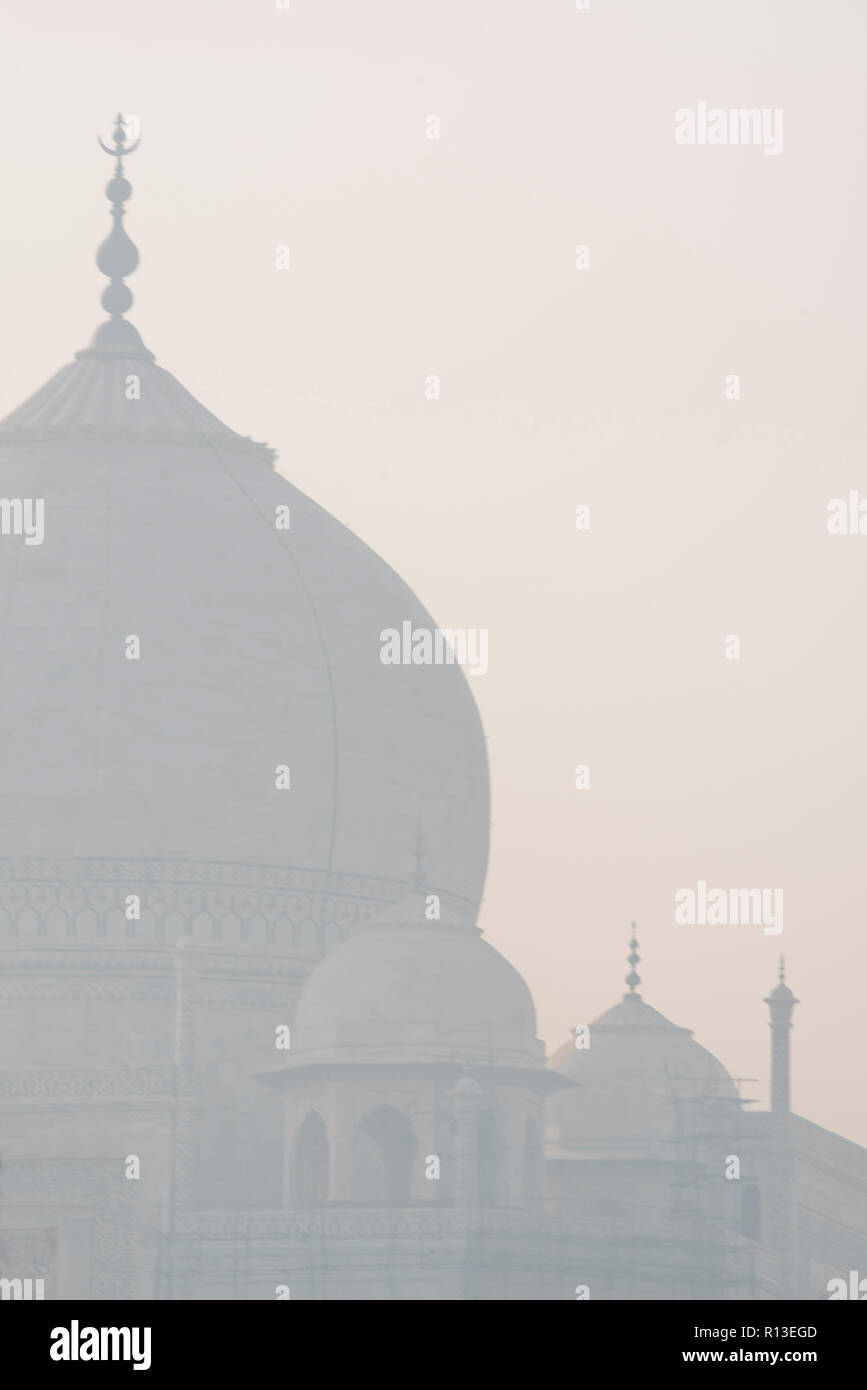 Prächtige Taj Mahal die Wunder der Welt und der Stolz von Indien am frühen Morgen winter Licht und Dunst mit ihren wichtigsten Kuppel und anderen kleinen Kuppeln Stockfoto
