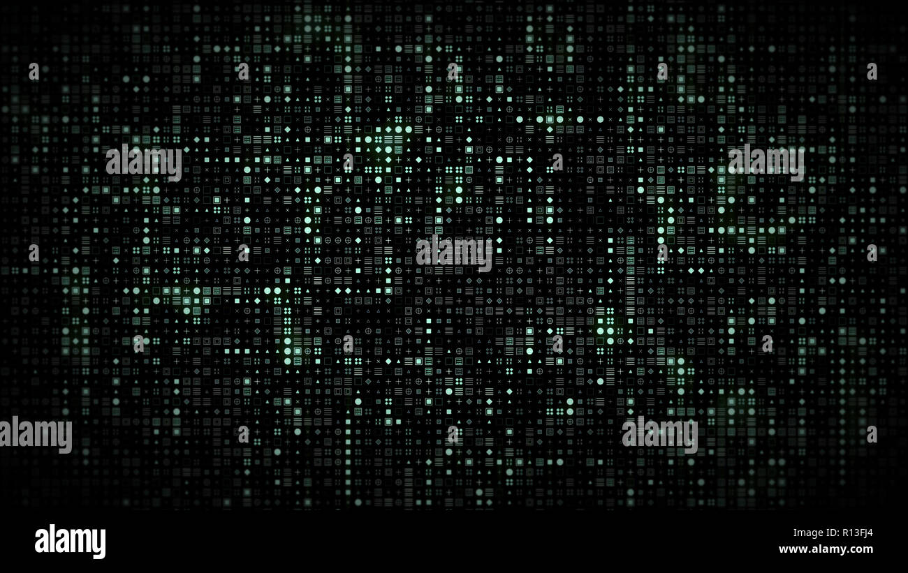 Hell blau leuchtende computer Symbole werden auf Technologie Datenstrom Raster Stockfoto