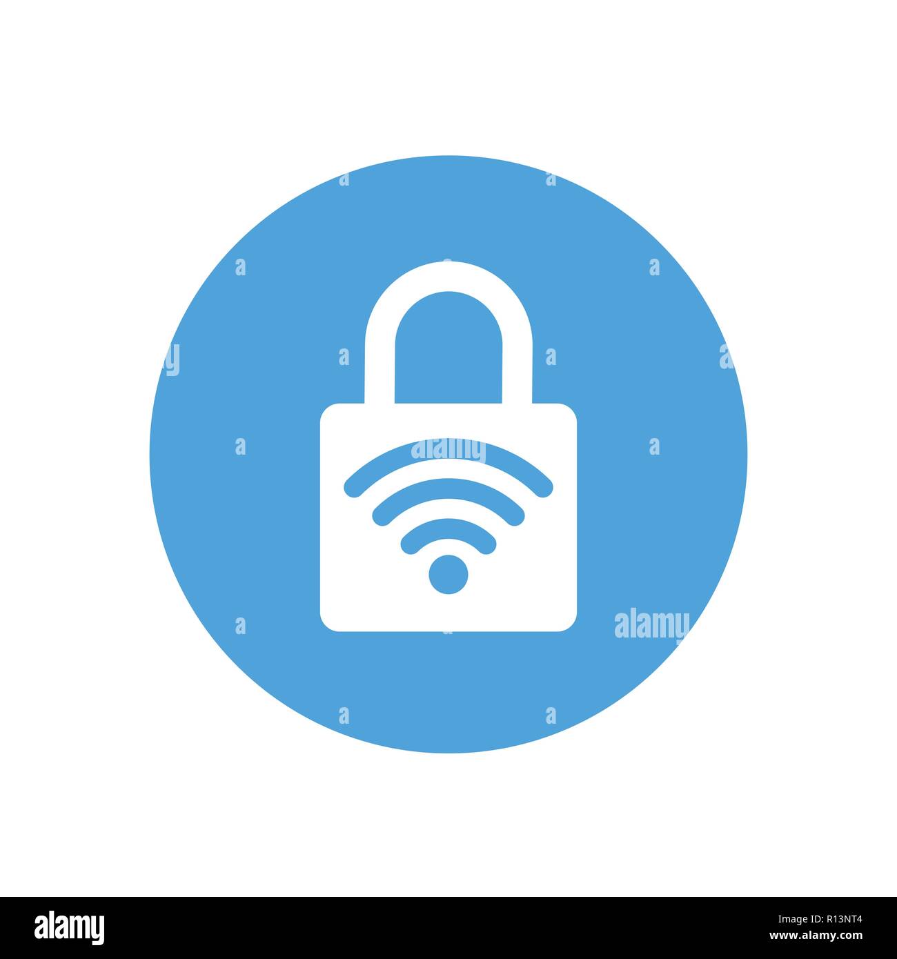 Symbol Sperren. Vorhängeschloss unterzeichnen. WiFi. Geschützte wi-fi. Vector Illustration. Flache Bauform. Weiß auf blauem Hintergrund. Stock Vektor