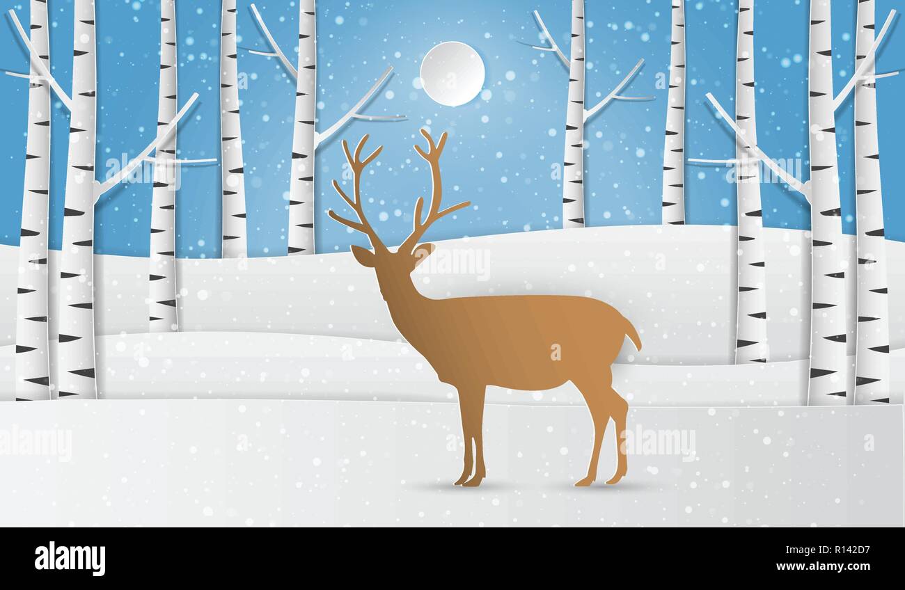 Paper Art der Hirsche in der Landschaft winter schnee Wald, Vektor, Abbildung Stock Vektor