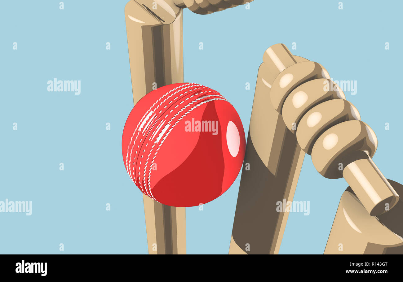 Ein rotes Leder Cricket ball Holz- cricket Wickets auf blauem Himmel Hintergrund - 3D-Rendering Stockfoto
