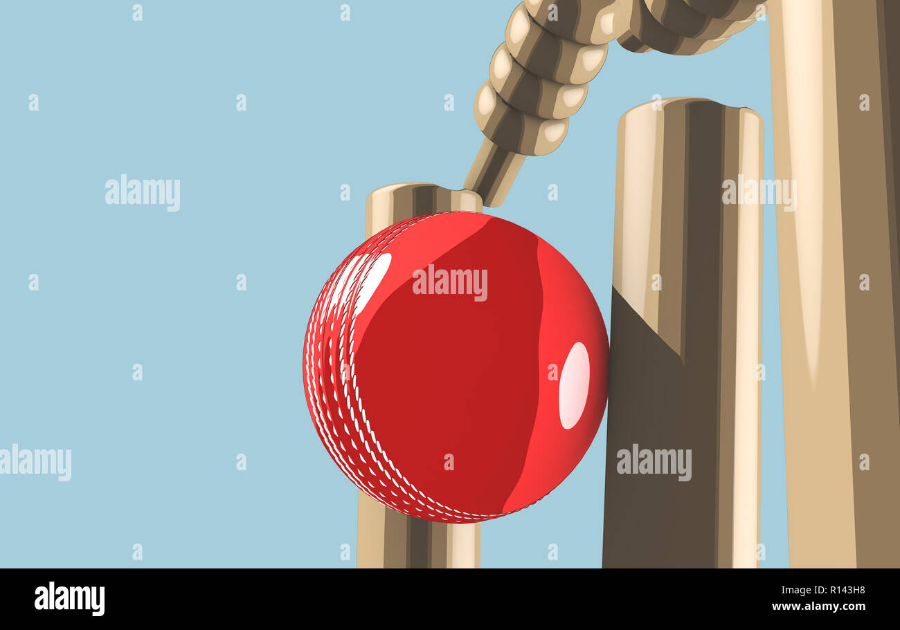 Ein rotes Leder Cricket ball Holz- cricket Wickets auf blauem Himmel Hintergrund - 3D-Rendering Stockfoto