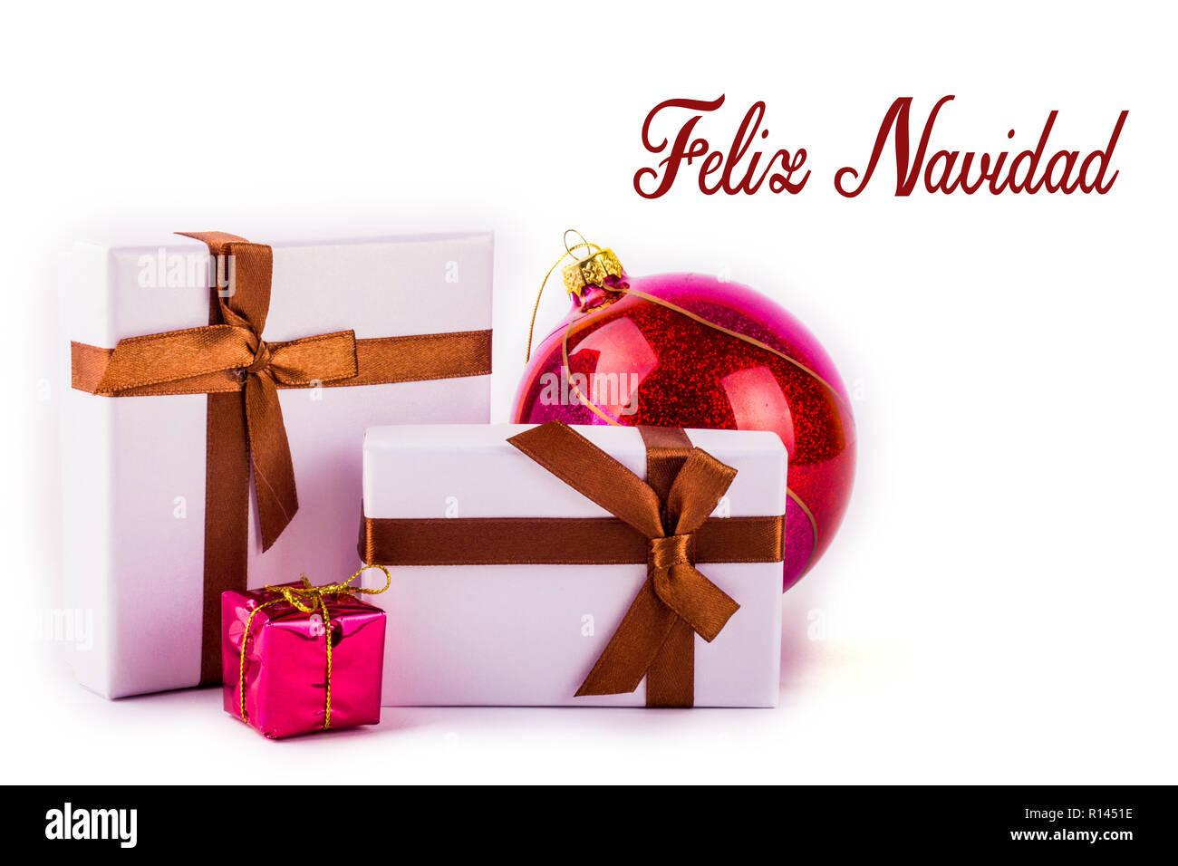 Weihnachten Dekoration isoliert auf weißem backgroun. "Feliz Navidad" Text in Spanisch Stockfoto
