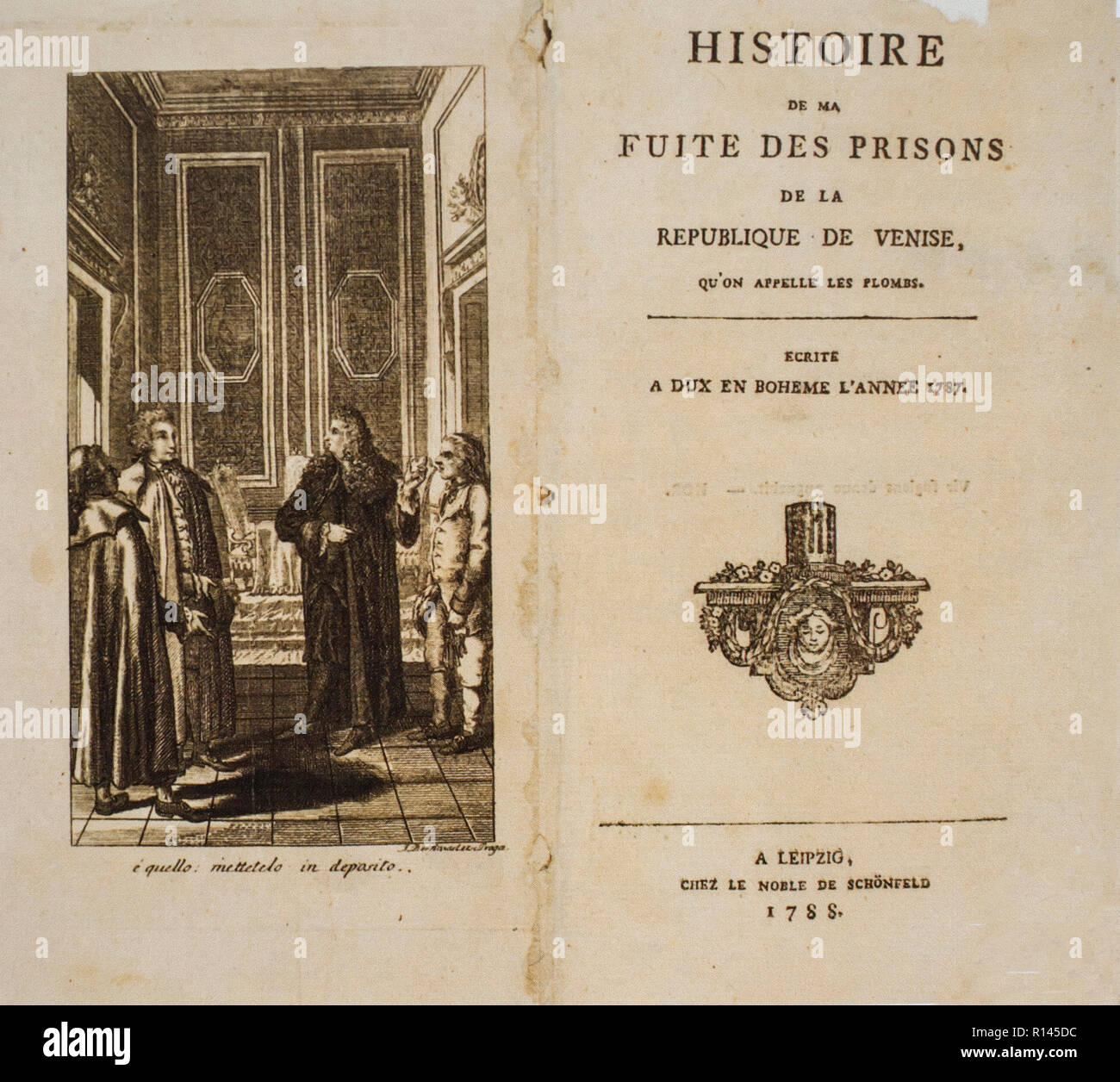 Buch 'Fuite des Prisons de la République de Venise' geschrieben Von Giacomo Casanova im Jahr 1787 nach Dux Bohemia Stockfoto