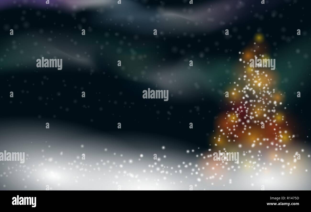 Schneereiche Winter Weihnachten Hintergrund mit beleuchteten Weihnachtsbaum und Northern Light Stock Vektor