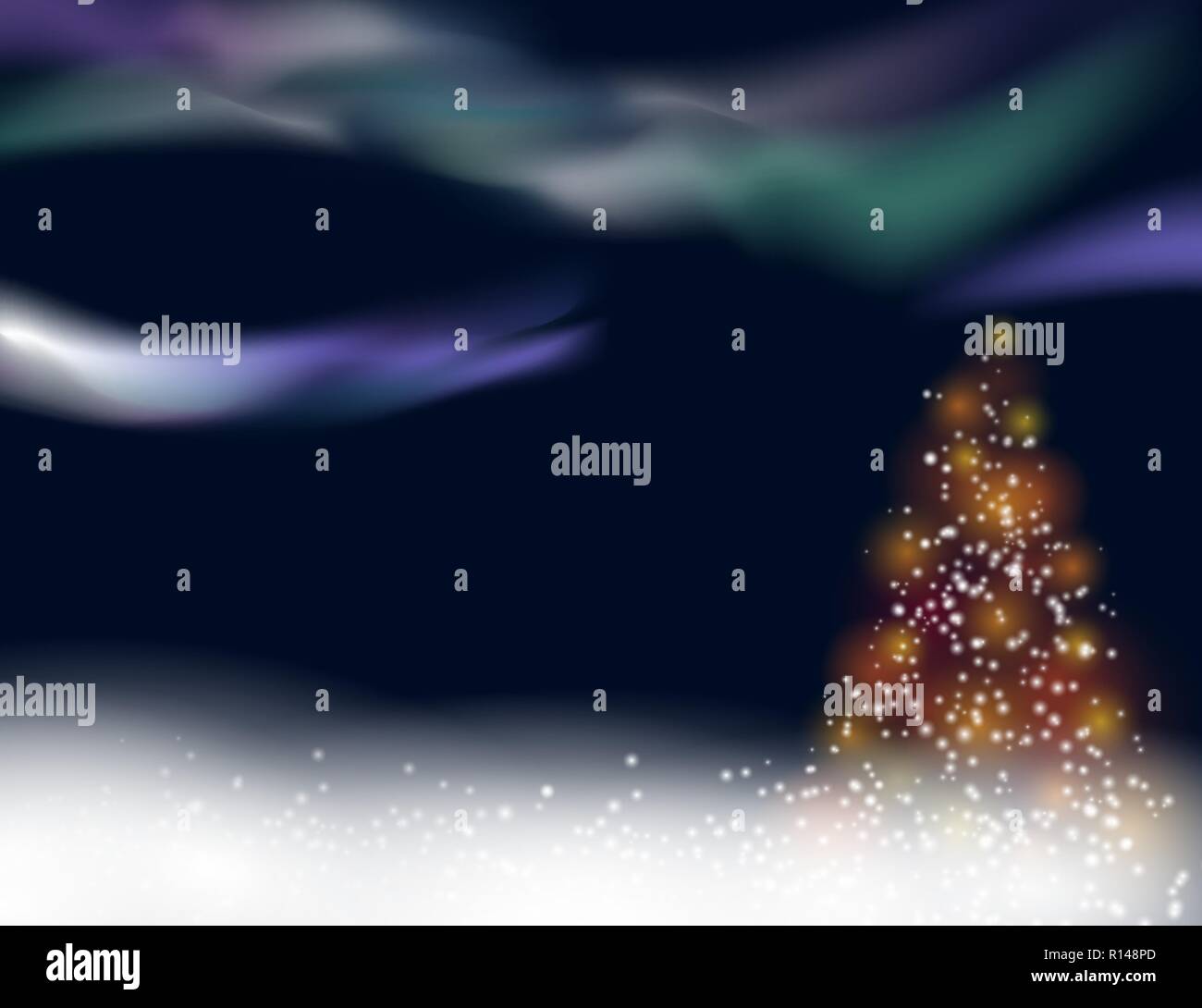 Schneereiche Winter Weihnachten Hintergrund mit beleuchteten Weihnachtsbaum und Northern lights Stock Vektor