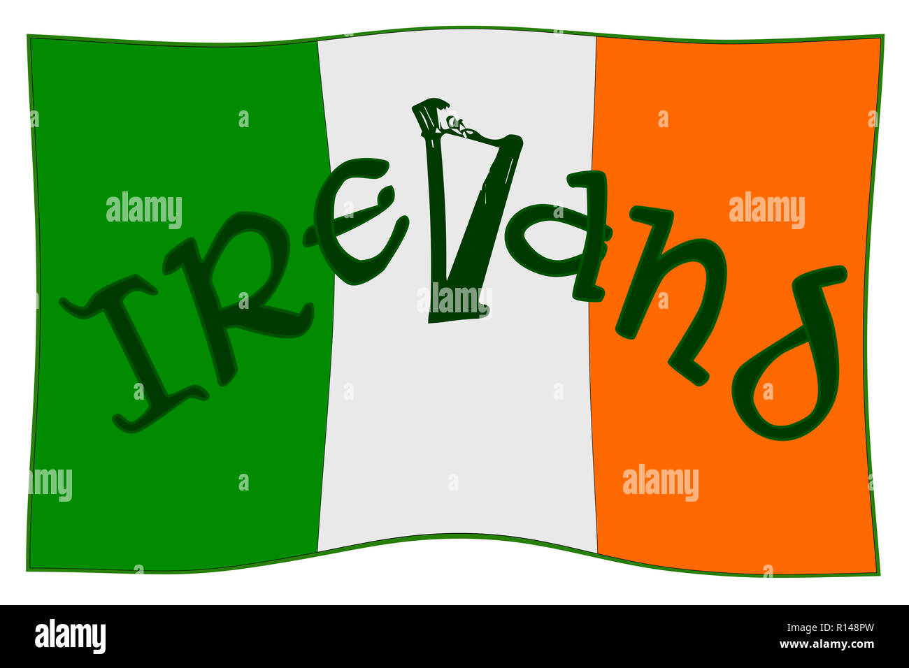 Die Republik Irland-Flagge mit irischen Text und eine Harfe Stockfoto