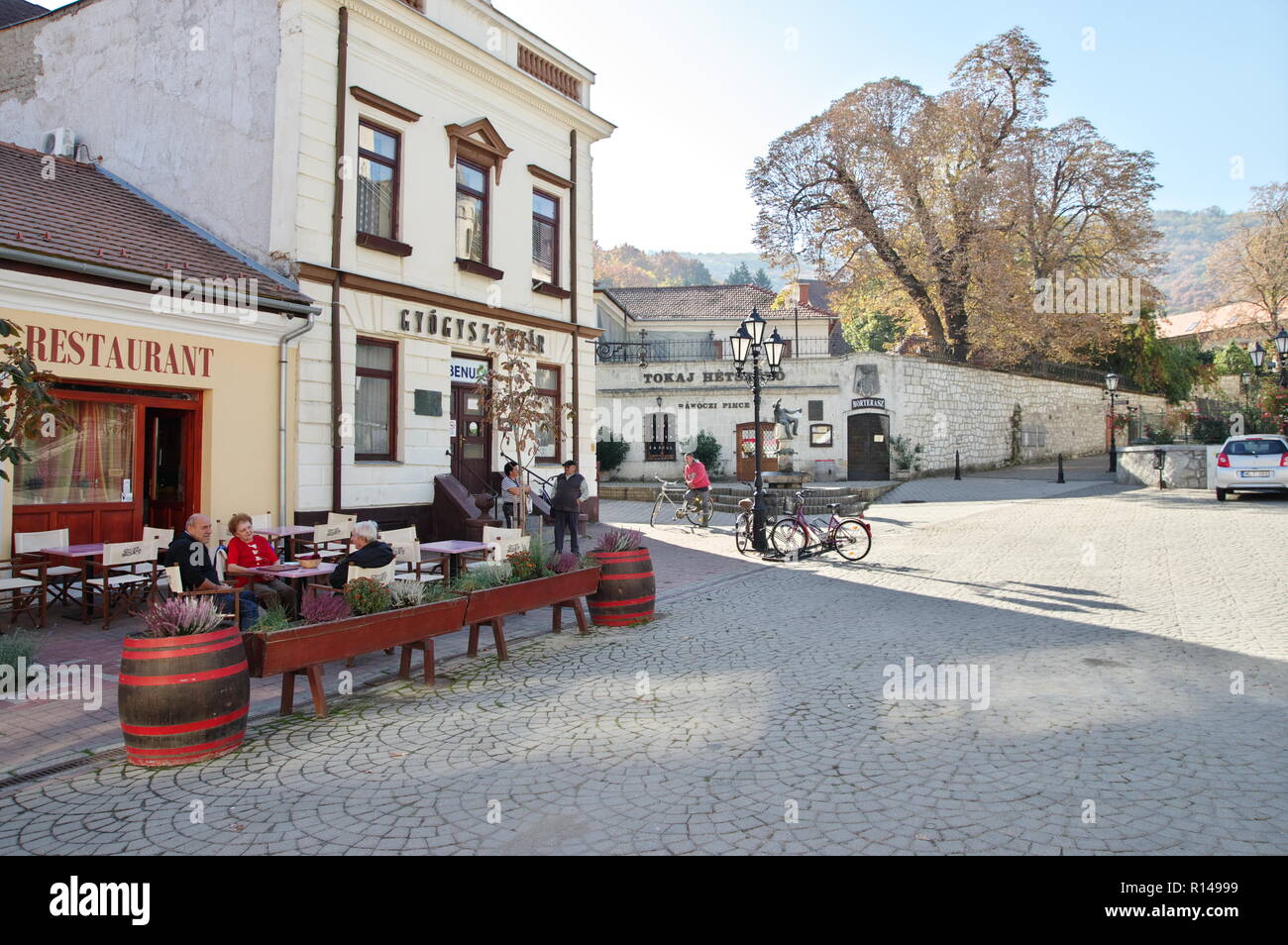 Tokaj, Ungarn - Oktober 16, 2018: Kossuth Ter, im Zentrum der Stadt. In den Tiefen gibt es Rakoczi Weinkeller des und die Statue von Bacchus. Stockfoto