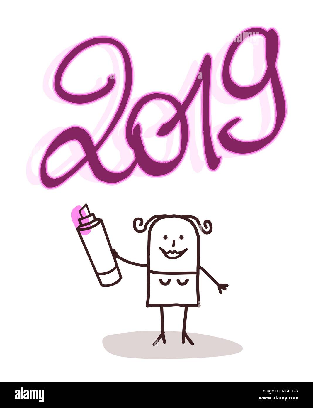 Cartoon Frau Schreiben eines 2019 Rosa Lila Zeichen Stock Vektor