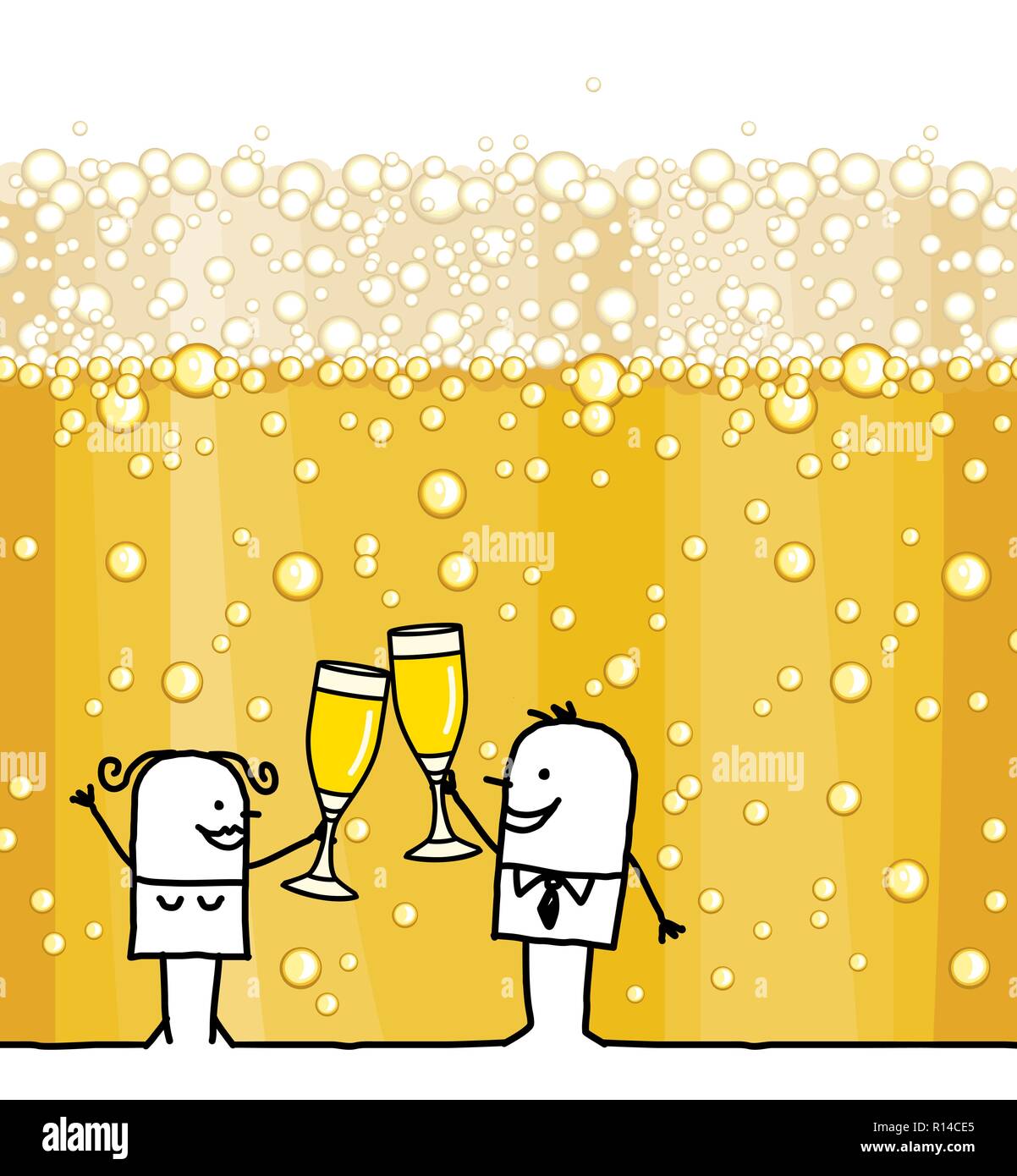 Cartoon Paar trinken Champagner und Blasen Hintergrund Stock Vektor