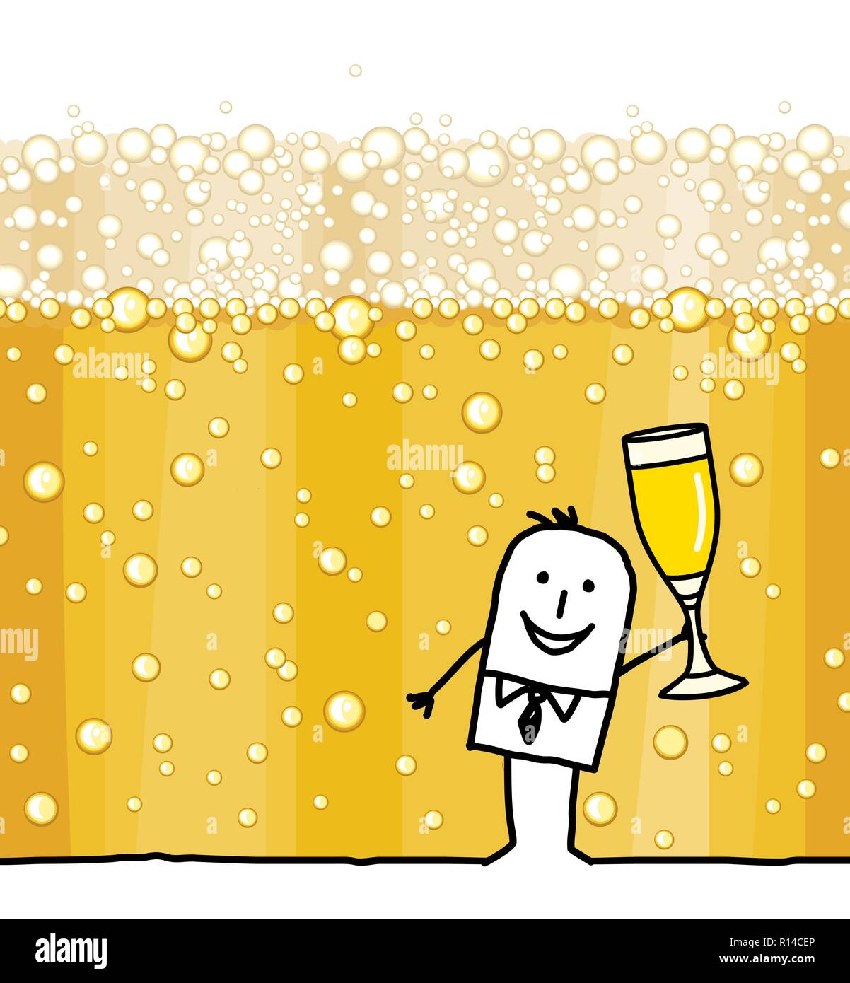 Cartoon Mann trinken Champagner und Blasen Hintergrund Stock Vektor