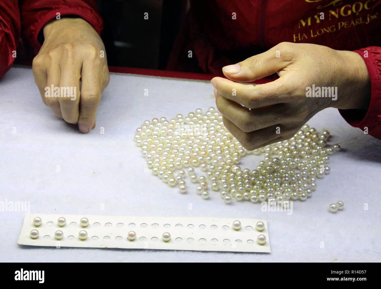 Passende Perlen paarweise für Ohrringe an meinem Ngoc Ha Long Pearl Jsc, Ha Long, Vietnam Stockfoto