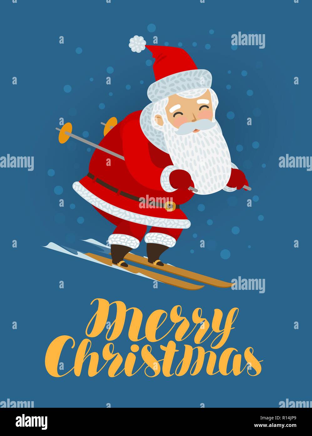 Frohe Weihnachten Grußkarte. Santa Claus ist Skifahren. Cartoon Vector Illustration Stock Vektor